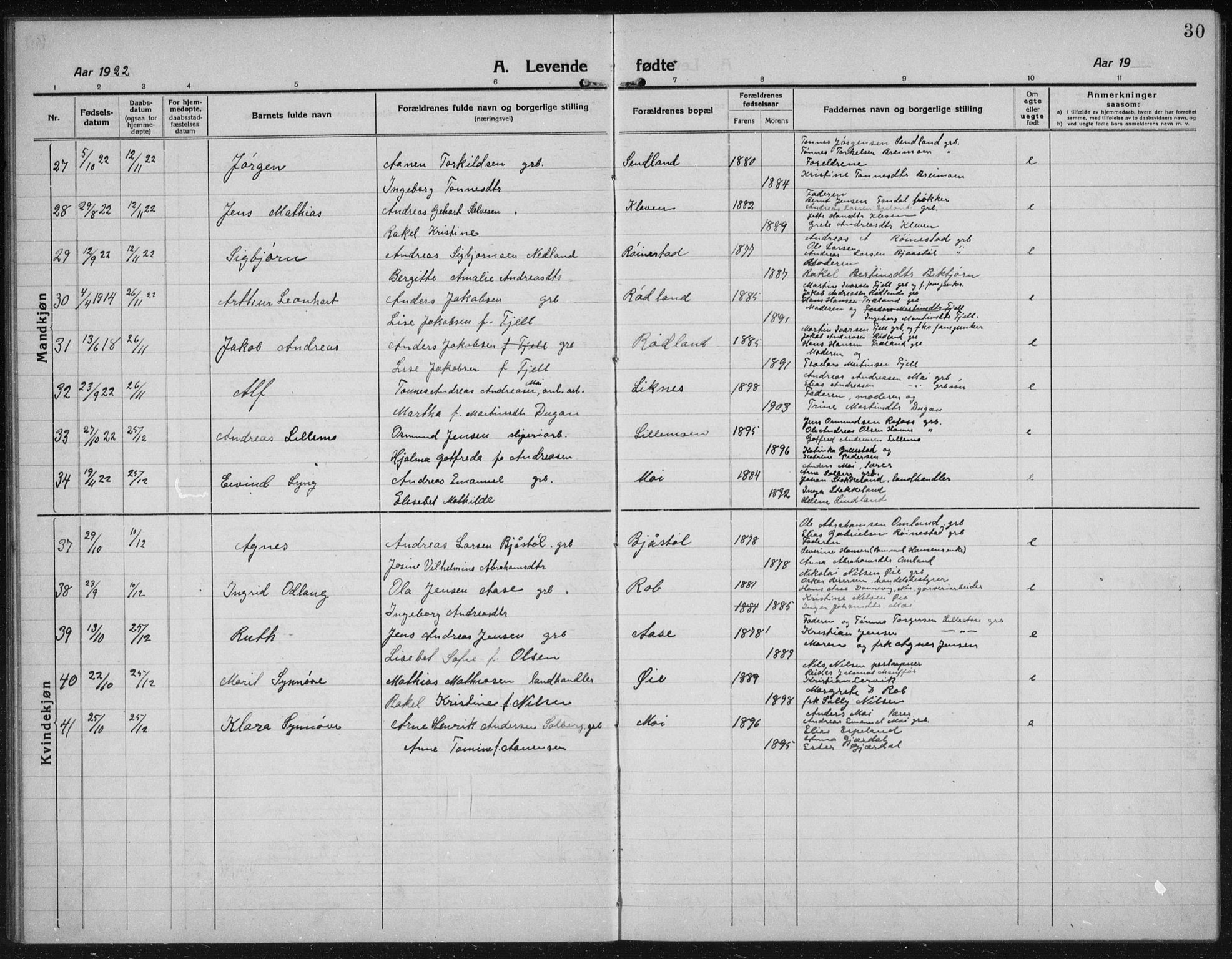 Kvinesdal sokneprestkontor, AV/SAK-1111-0026/F/Fb/Fbb/L0004: Parish register (copy) no. B 4, 1917-1938, p. 30