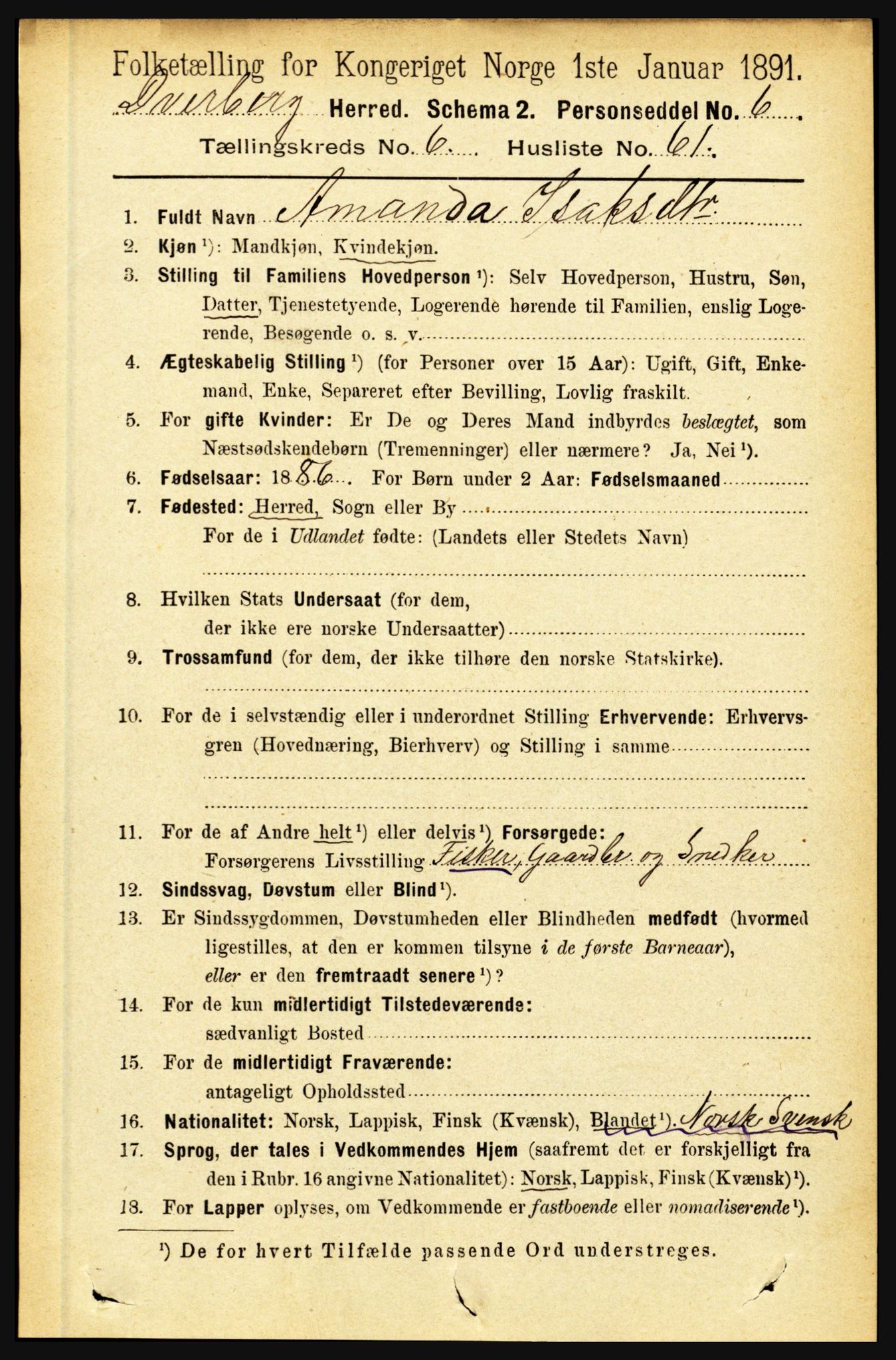 RA, 1891 census for 1872 Dverberg, 1891, p. 2497