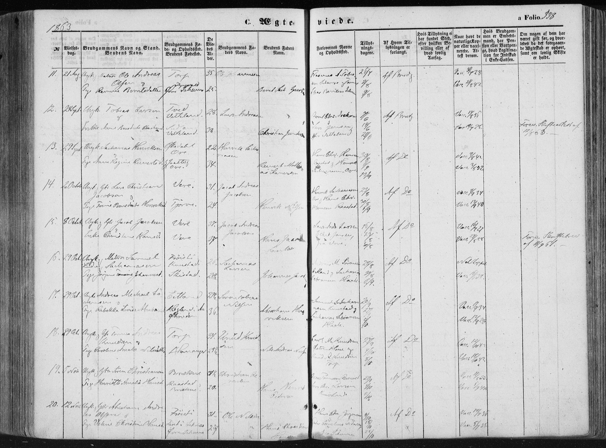 Lista sokneprestkontor, AV/SAK-1111-0027/F/Fa/L0011: Parish register (official) no. A 11, 1861-1878, p. 338