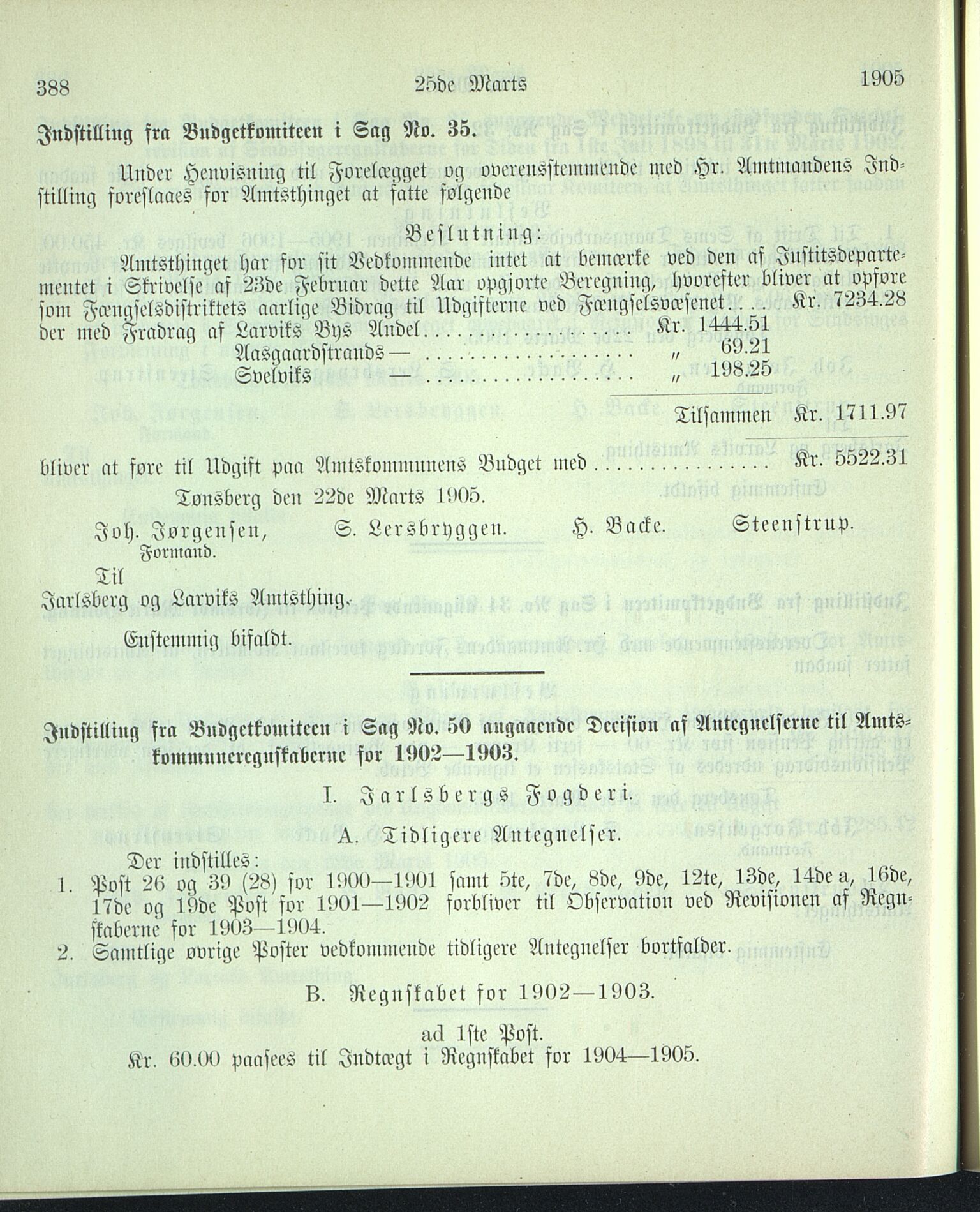 Vestfold fylkeskommune. Fylkestinget, VEMU/A-1315/A/Ab/Abb/L0052: Fylkestingsforhandlinger, 1905, p. 388