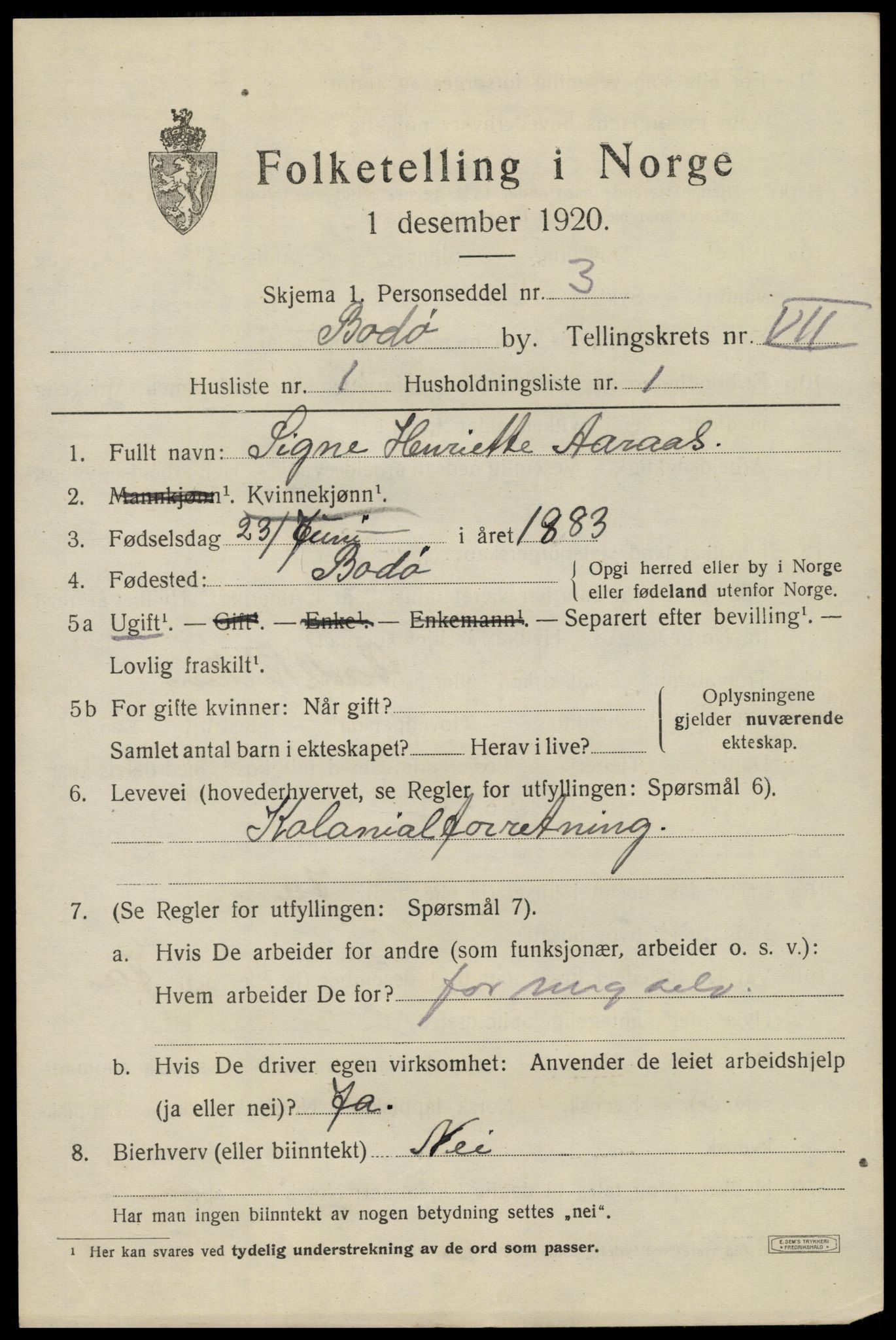 SAT, 1920 census for Bodø, 1920, p. 11101