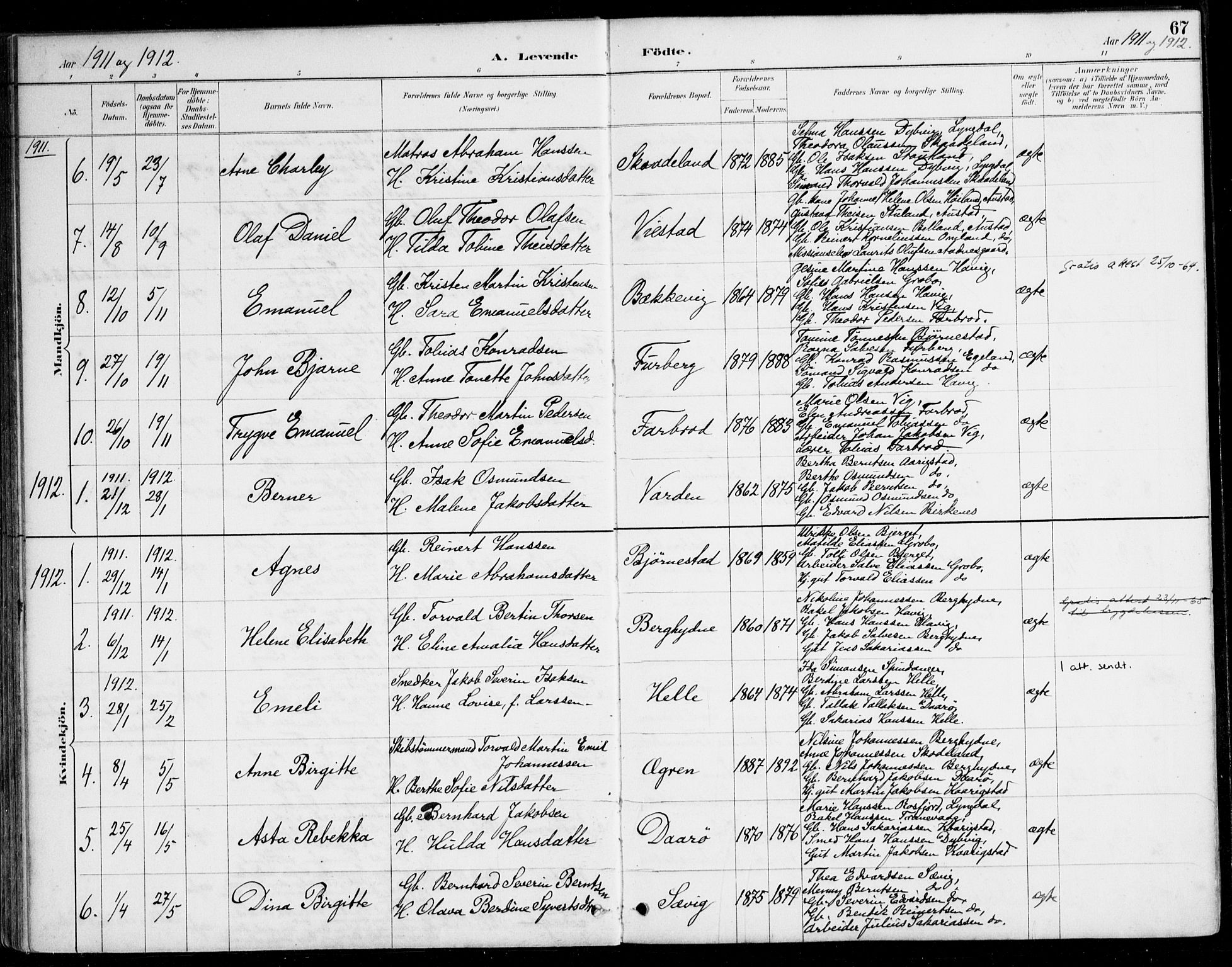 Herad sokneprestkontor, SAK/1111-0018/F/Fa/Fab/L0005: Parish register (official) no. A 5, 1886-1913, p. 67