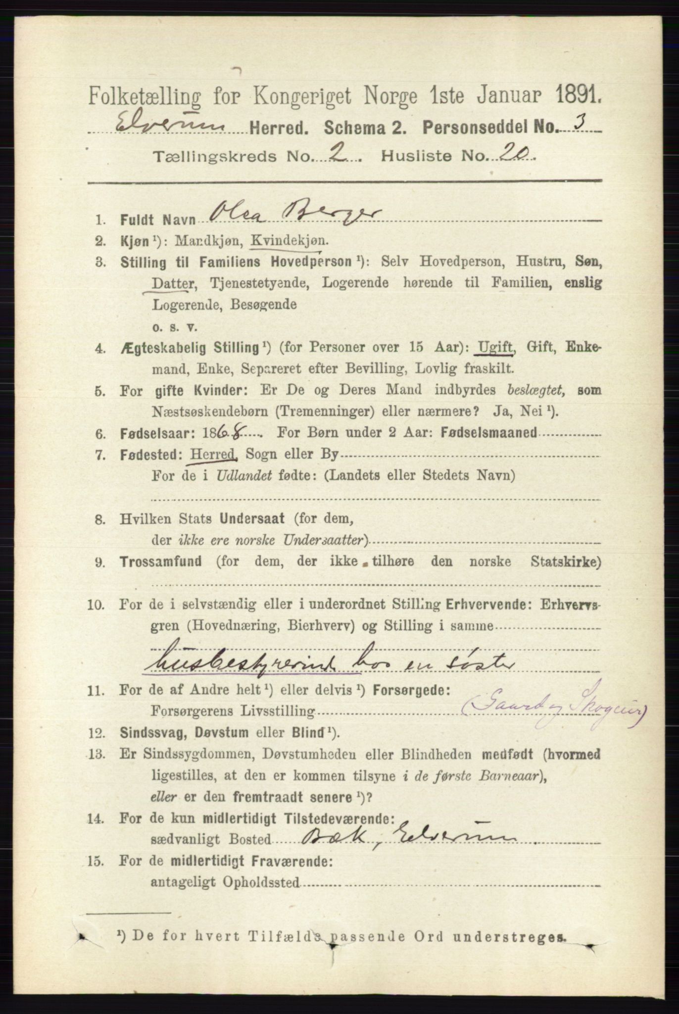 RA, 1891 census for 0427 Elverum, 1891, p. 1350