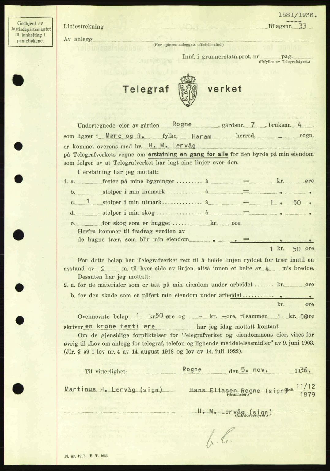 Nordre Sunnmøre sorenskriveri, AV/SAT-A-0006/1/2/2C/2Ca: Mortgage book no. A2, 1936-1937, Diary no: : 1581/1936