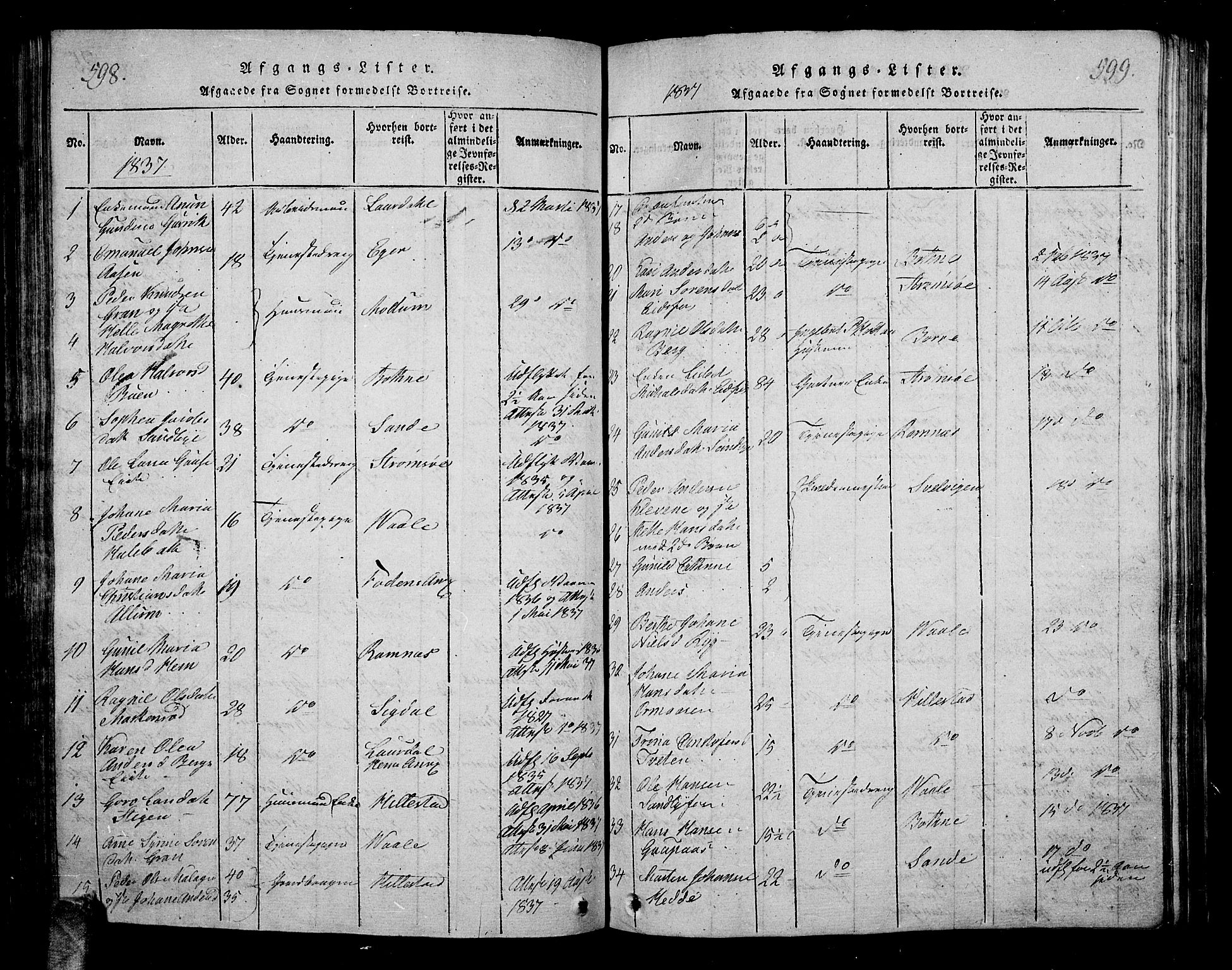 Hof kirkebøker, AV/SAKO-A-64/G/Ga/L0001: Parish register (copy) no. I 1, 1814-1844, p. 598-599