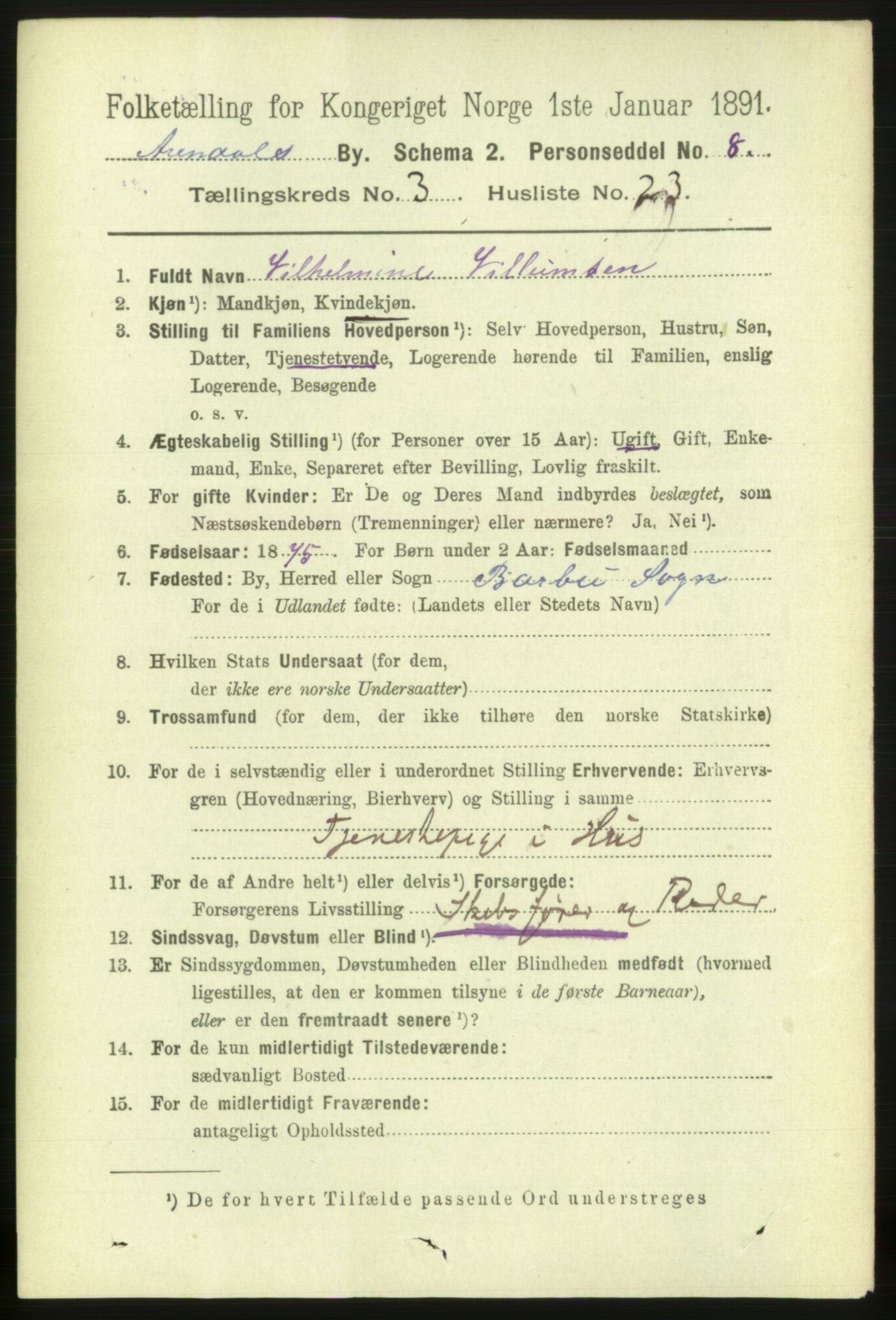 RA, 1891 census for 0903 Arendal, 1891, p. 1649