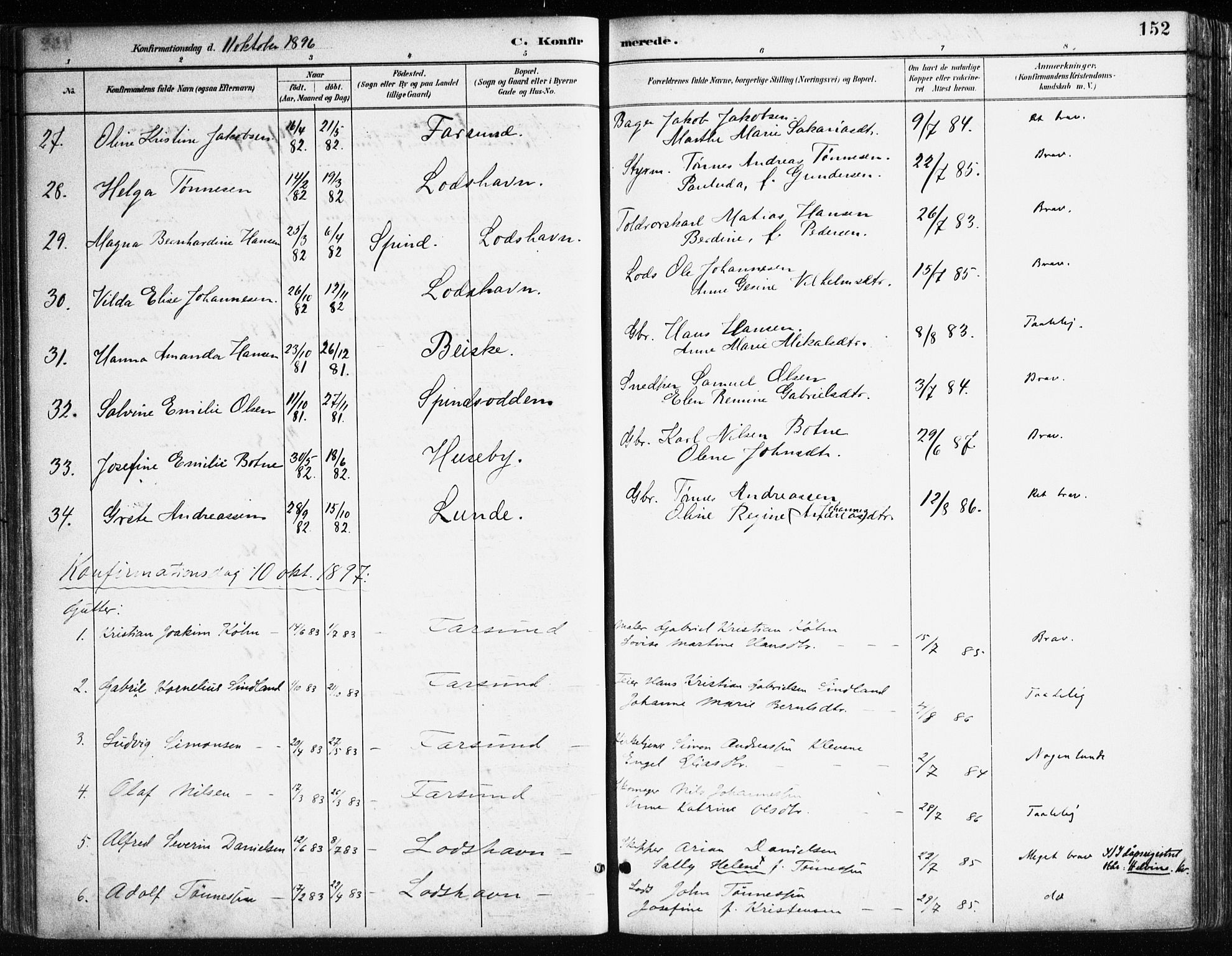 Farsund sokneprestkontor, AV/SAK-1111-0009/F/Fa/L0006: Parish register (official) no. A 6, 1887-1920, p. 152