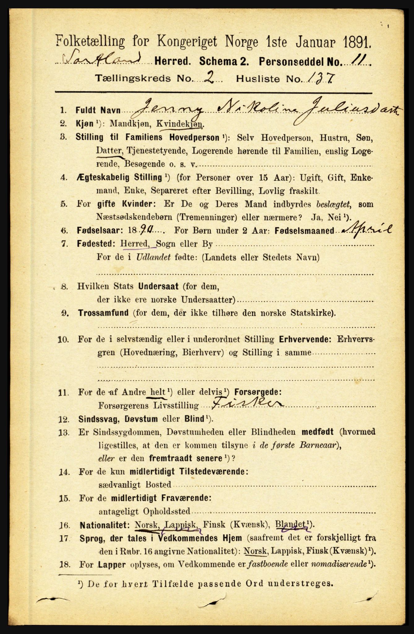 RA, 1891 census for 1870 Sortland, 1891, p. 2043