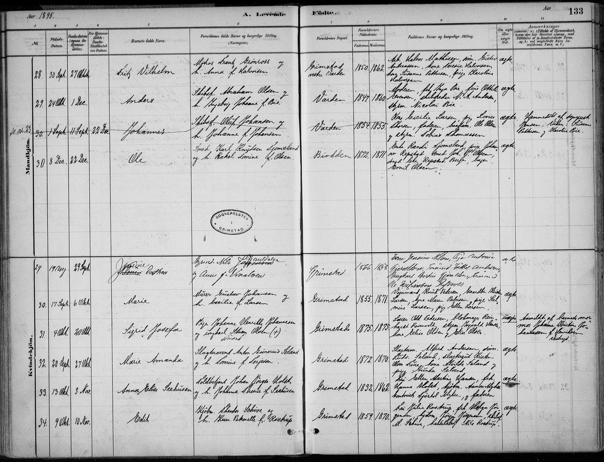 Grimstad sokneprestkontor, SAK/1111-0017/F/Fa/L0003: Parish register (official) no. A 2, 1882-1912, p. 133
