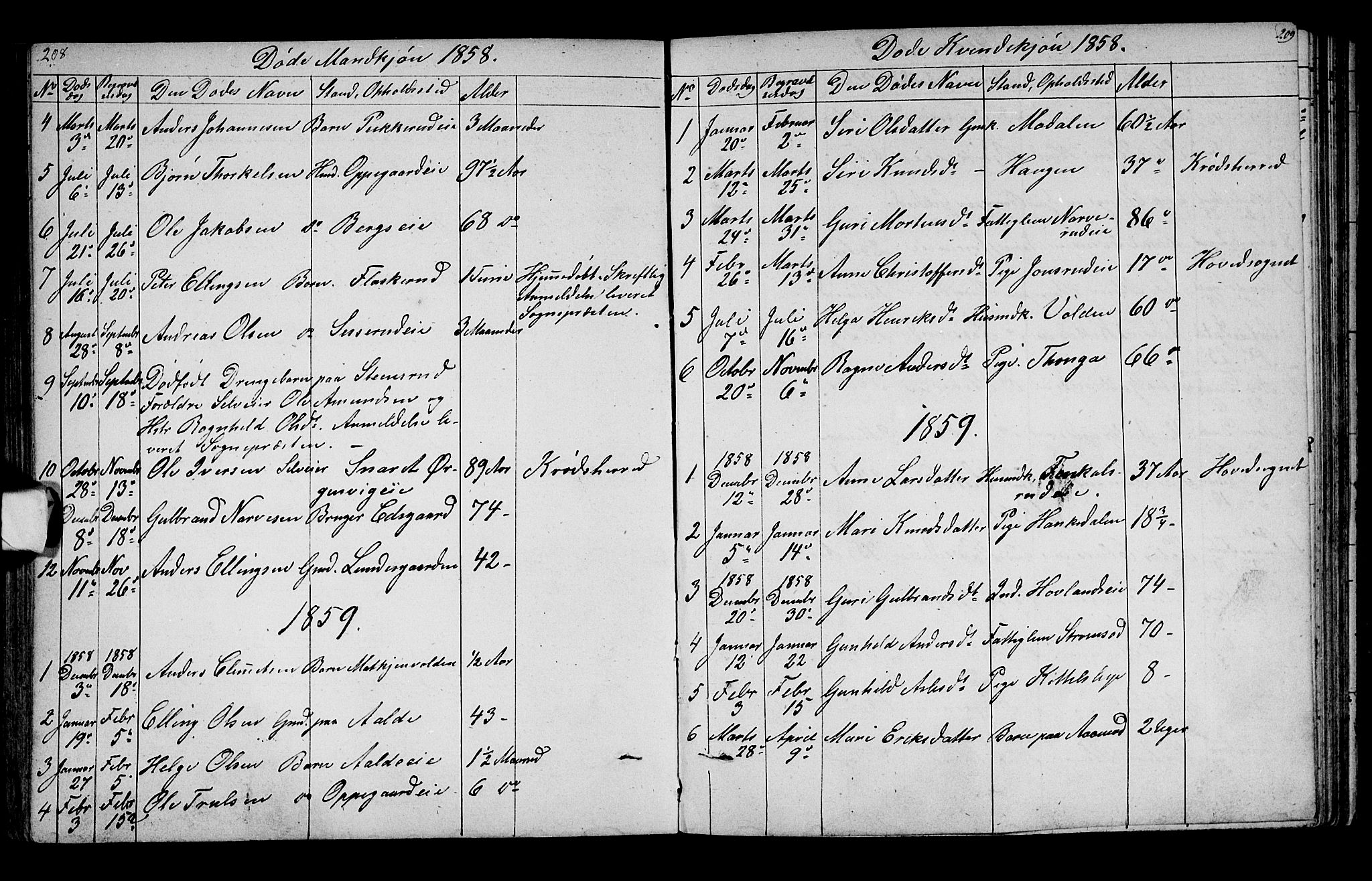 Lunder kirkebøker, AV/SAKO-A-629/G/Ga/L0002: Parish register (copy) no. I 2, 1849-1868, p. 208-209
