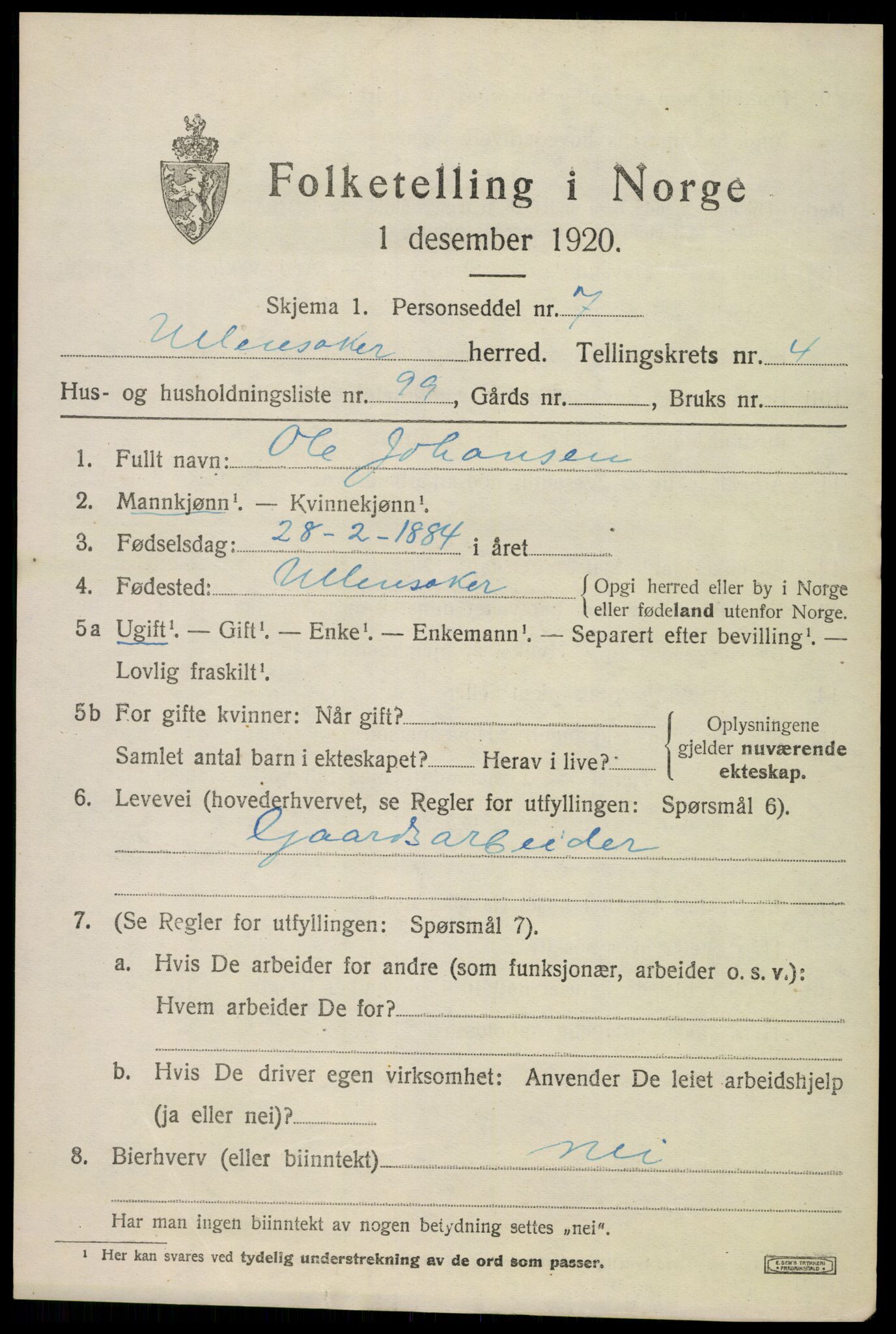 SAO, 1920 census for Ullensaker, 1920, p. 8511