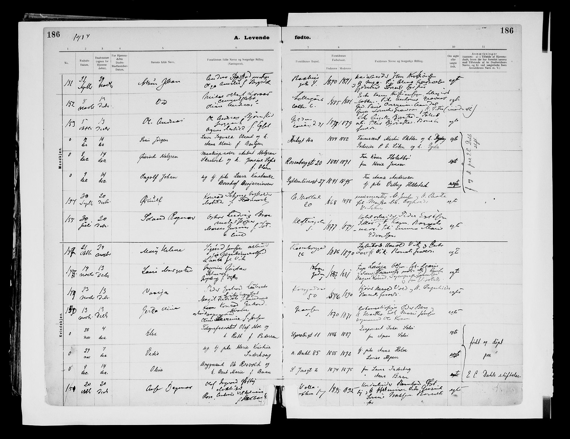 Ministerialprotokoller, klokkerbøker og fødselsregistre - Sør-Trøndelag, AV/SAT-A-1456/604/L0203: Parish register (official) no. 604A23, 1908-1916, p. 186