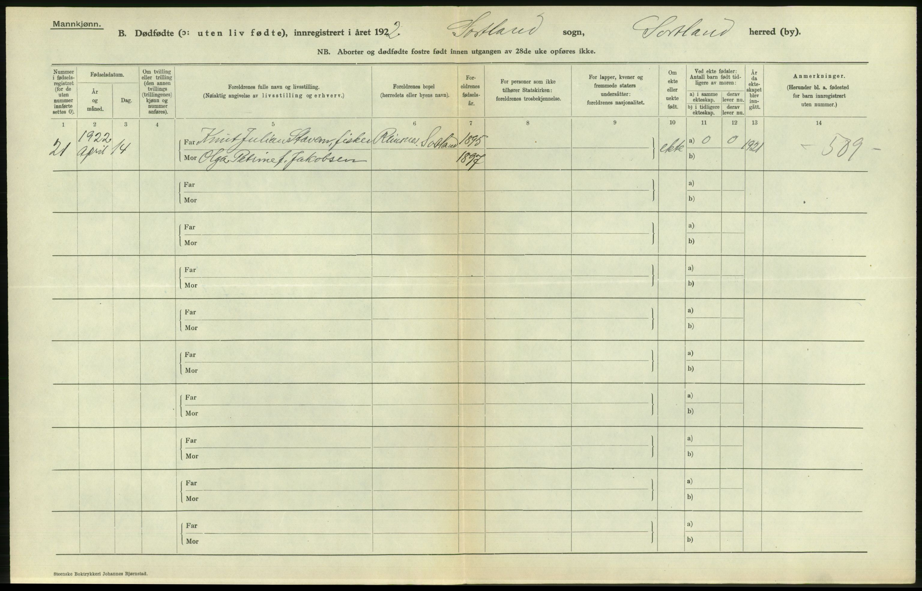 Statistisk sentralbyrå, Sosiodemografiske emner, Befolkning, AV/RA-S-2228/D/Df/Dfc/Dfcb/L0045: Nordland fylke: Gifte, dødfødte. Bygder og byer., 1922, p. 356