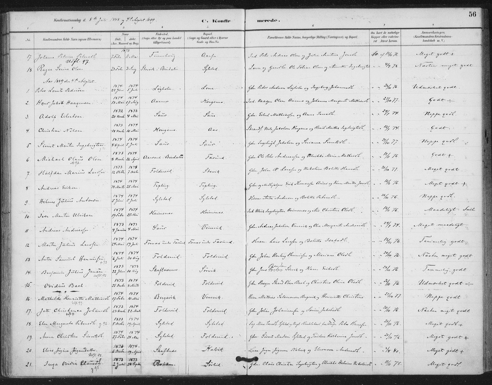 Ministerialprotokoller, klokkerbøker og fødselsregistre - Nord-Trøndelag, SAT/A-1458/783/L0660: Parish register (official) no. 783A02, 1886-1918, p. 56