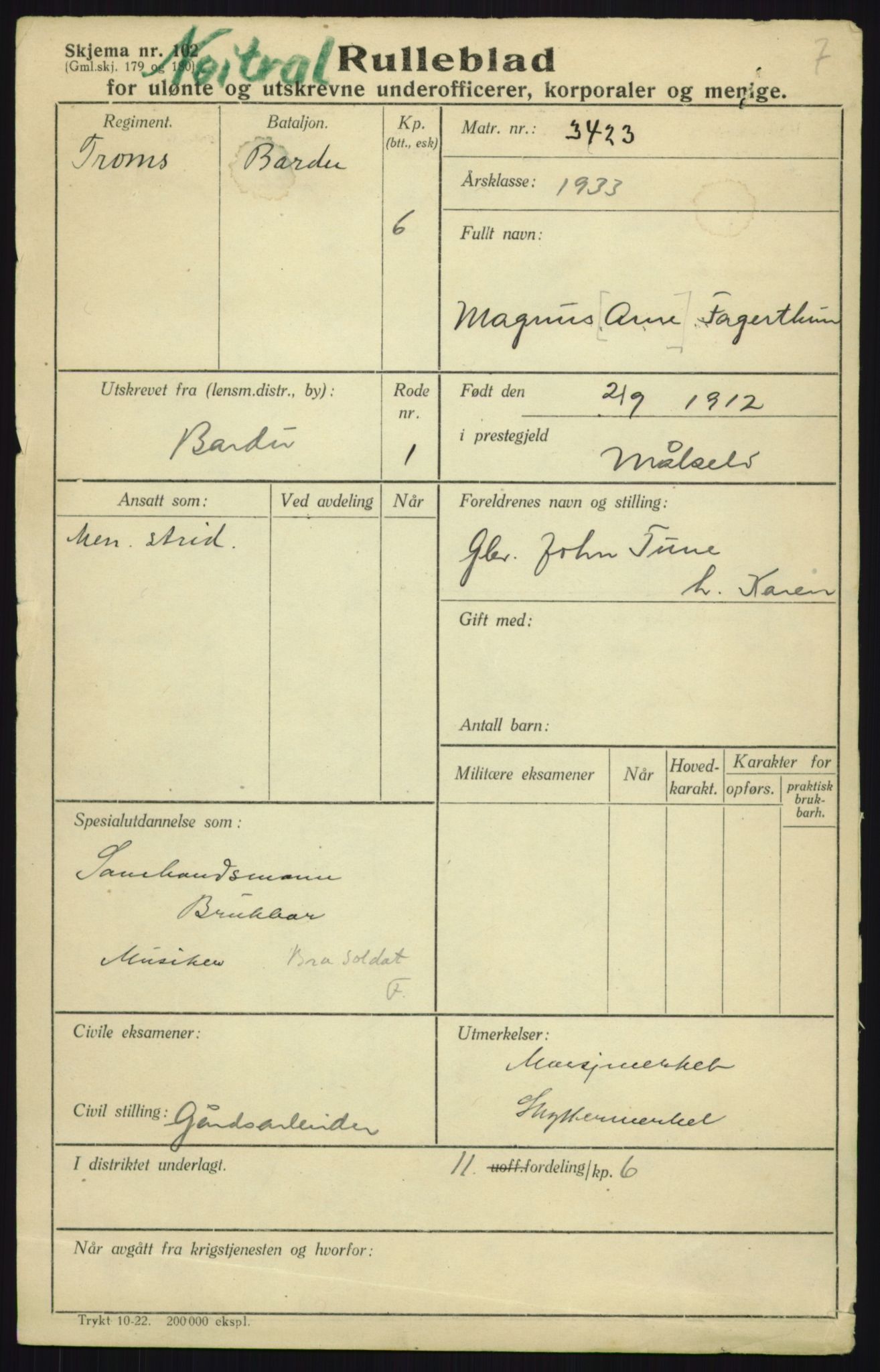 Forsvaret, Troms infanteriregiment nr. 16, AV/RA-RAFA-3146/P/Pa/L0017: Rulleblad for regimentets menige mannskaper, årsklasse 1933, 1933, p. 279