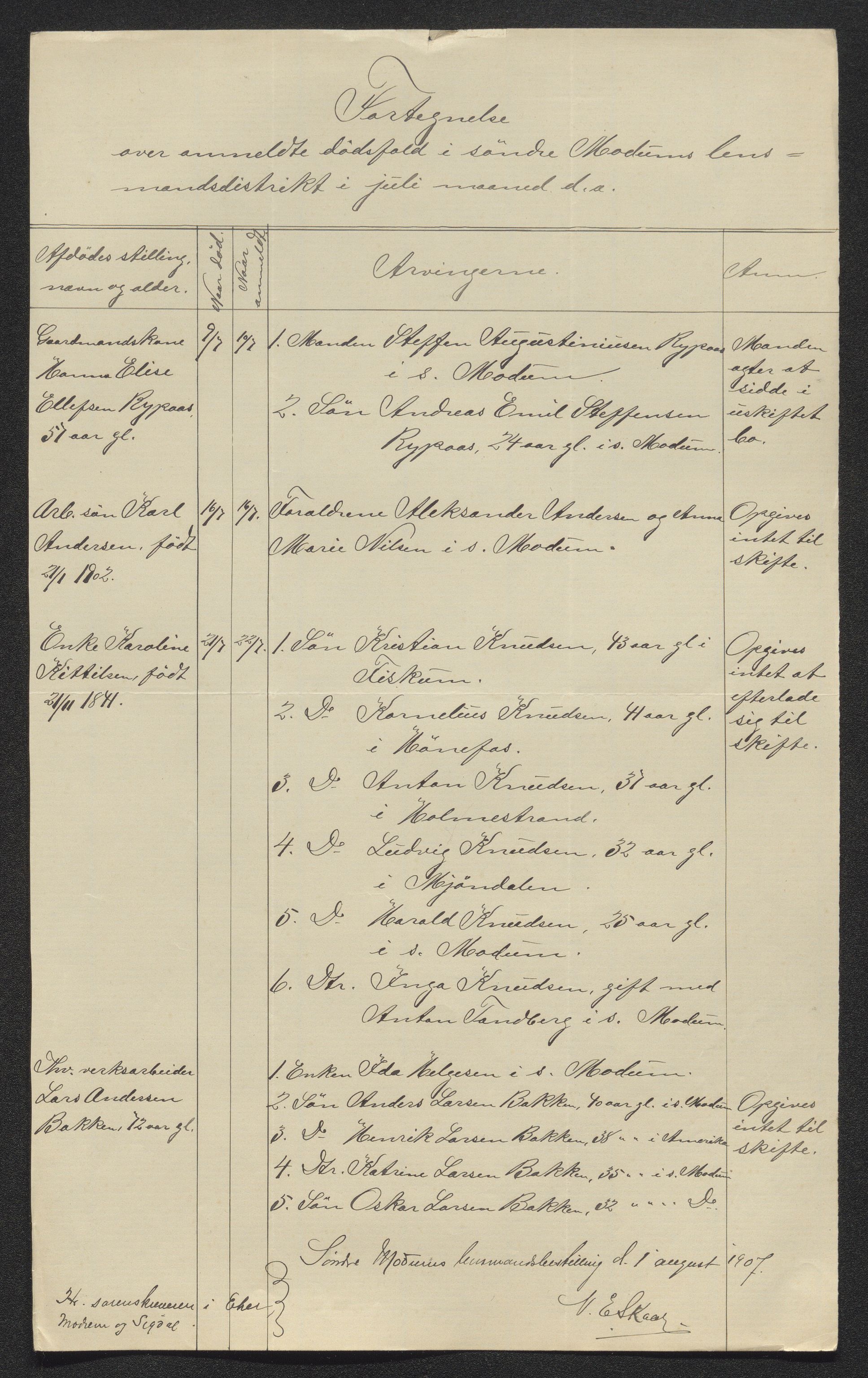 Eiker, Modum og Sigdal sorenskriveri, AV/SAKO-A-123/H/Ha/Hab/L0032: Dødsfallsmeldinger, 1907-1908, p. 126