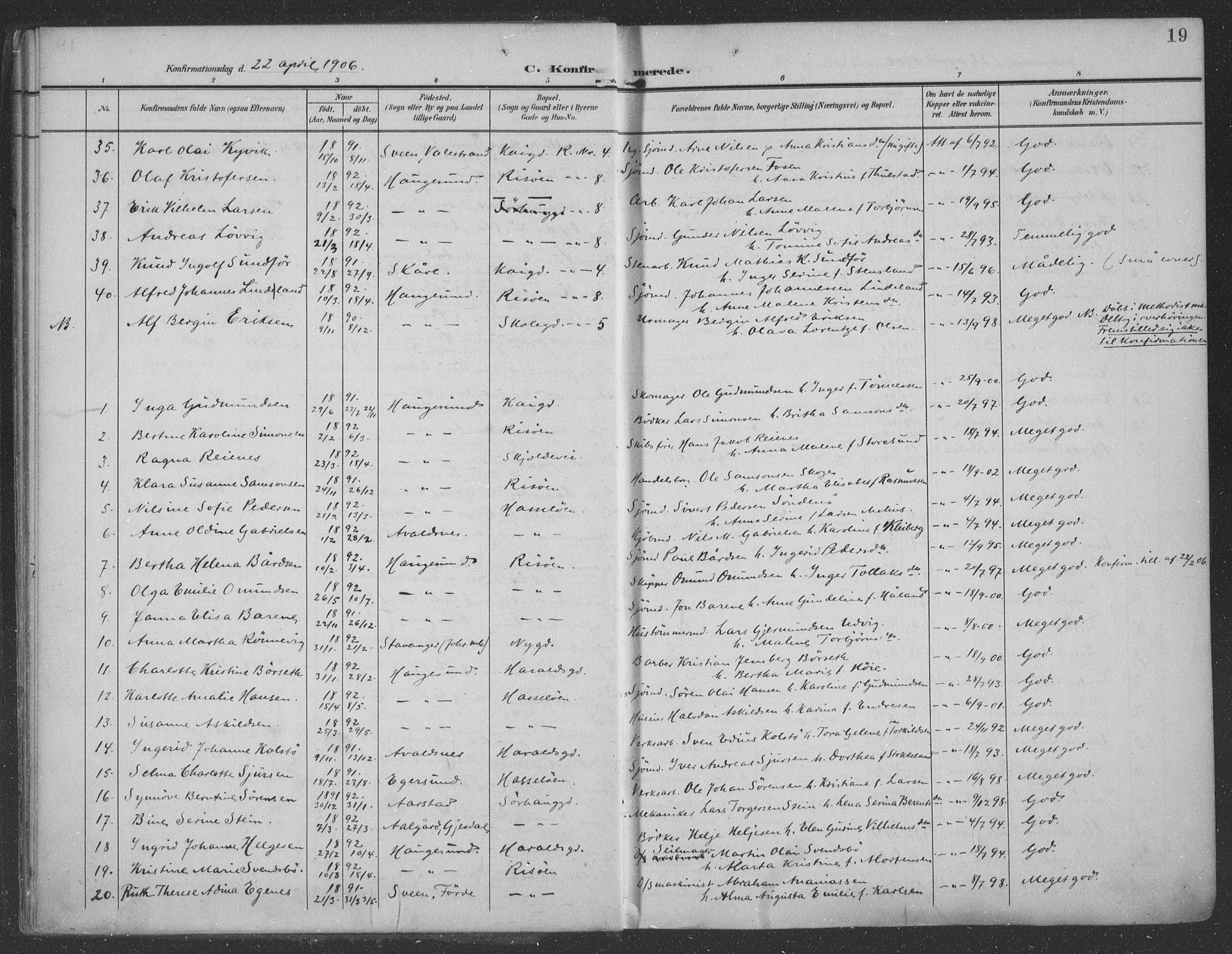 Haugesund sokneprestkontor, AV/SAST-A -101863/H/Ha/Haa/L0007: Parish register (official) no. A 7, 1904-1916, p. 19