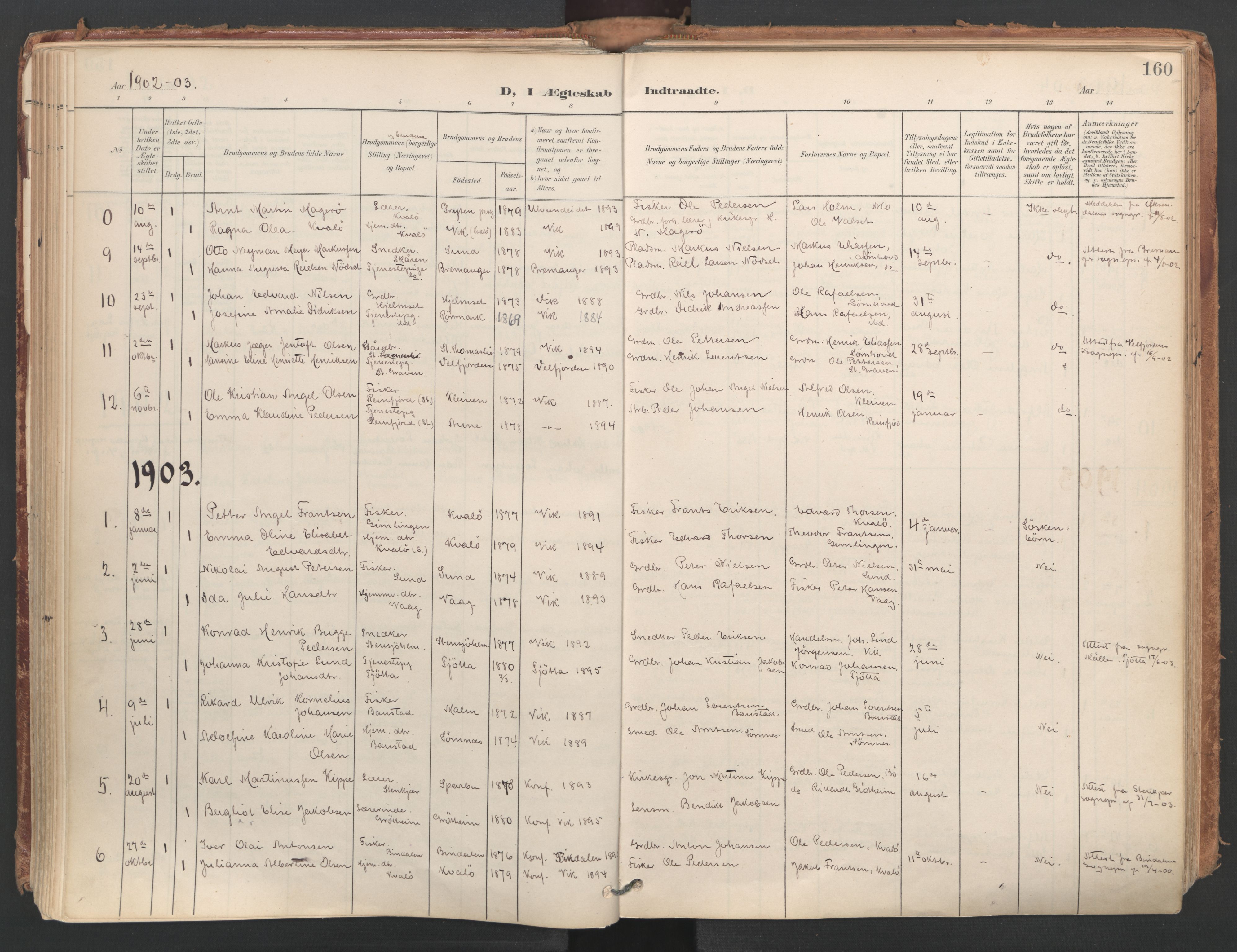 Ministerialprotokoller, klokkerbøker og fødselsregistre - Nordland, AV/SAT-A-1459/812/L0180: Parish register (official) no. 812A09, 1901-1915, p. 160