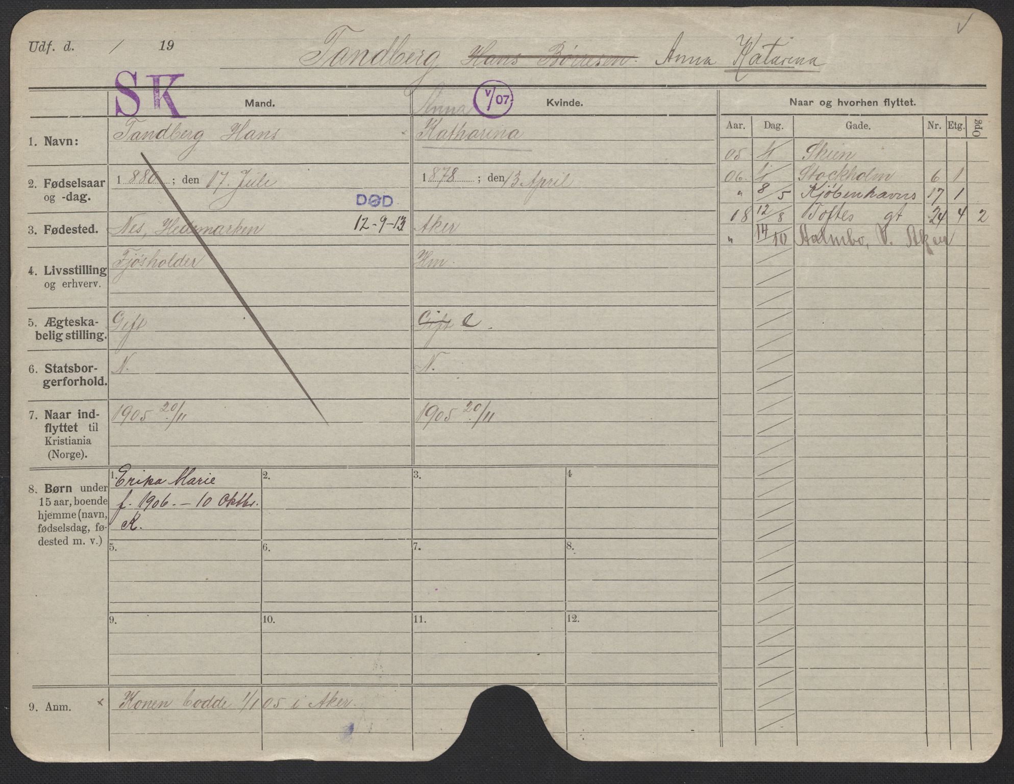 Oslo folkeregister, Registerkort, SAO/A-11715/F/Fa/Fac/L0024: Kvinner, 1906-1914, p. 1001a