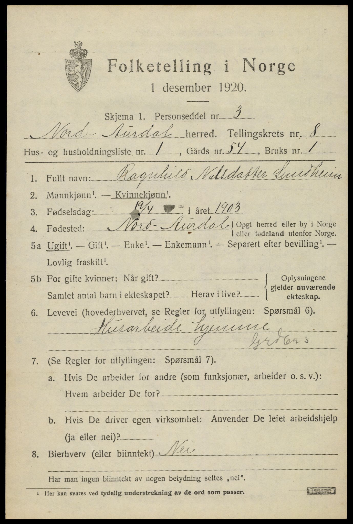 SAH, 1920 census for Nord-Aurdal, 1920, p. 6772