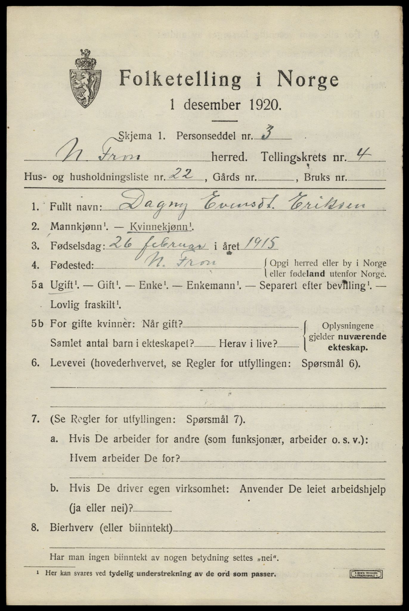 SAH, 1920 census for Nord-Fron, 1920, p. 4270