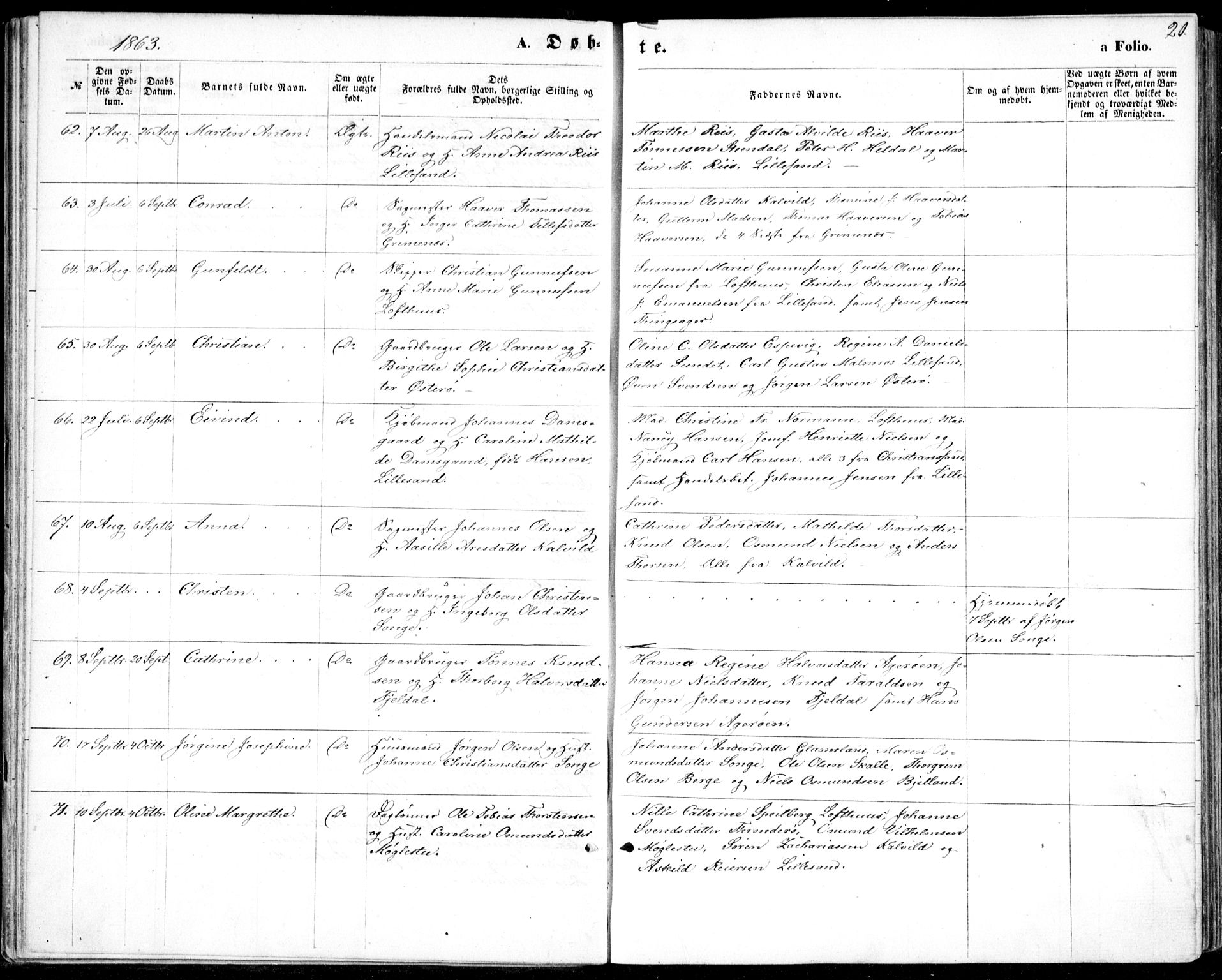 Vestre Moland sokneprestkontor, AV/SAK-1111-0046/F/Fb/Fbb/L0004: Parish register (copy) no. B 4, 1861-1872, p. 20