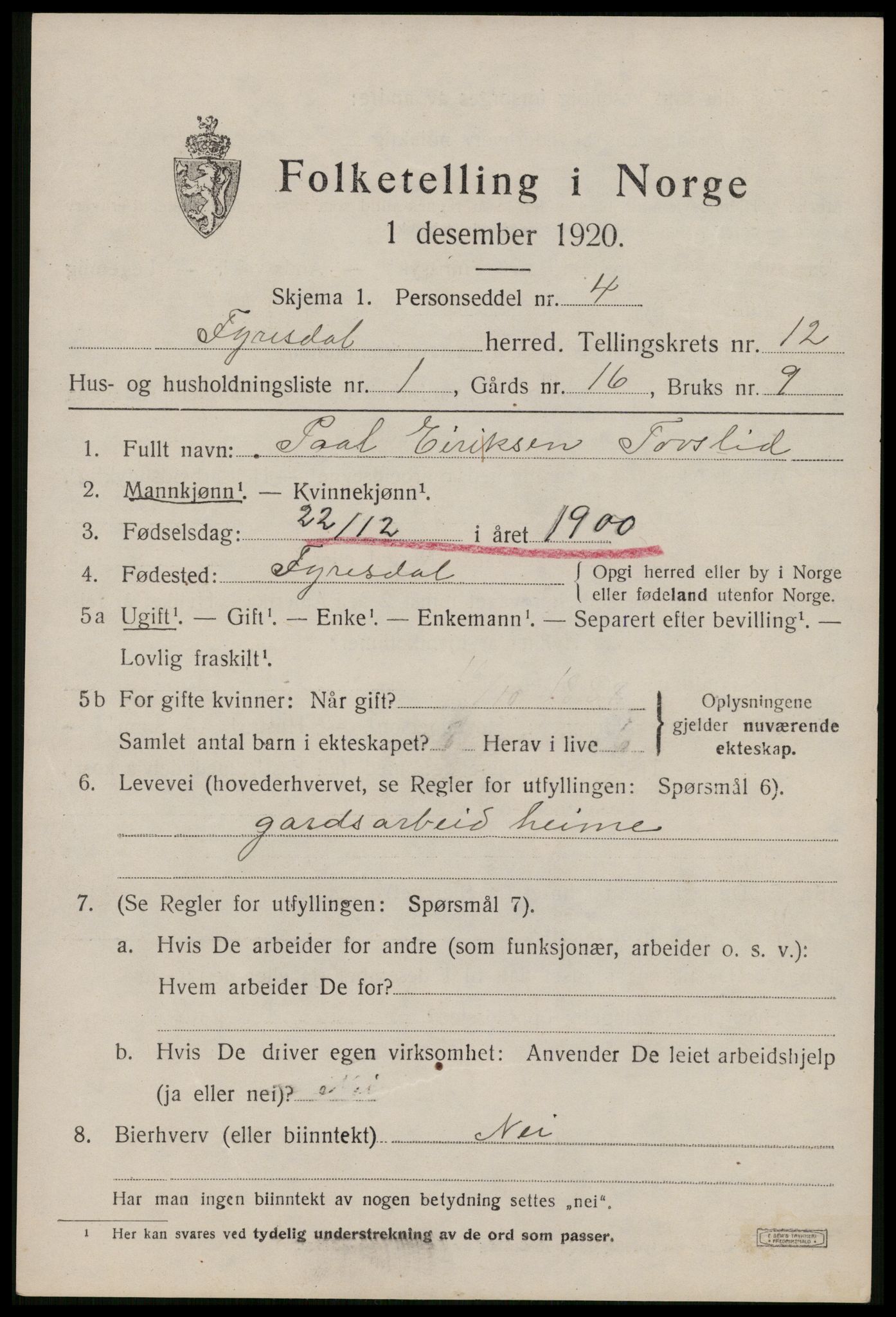 SAKO, 1920 census for Fyresdal, 1920, p. 4167