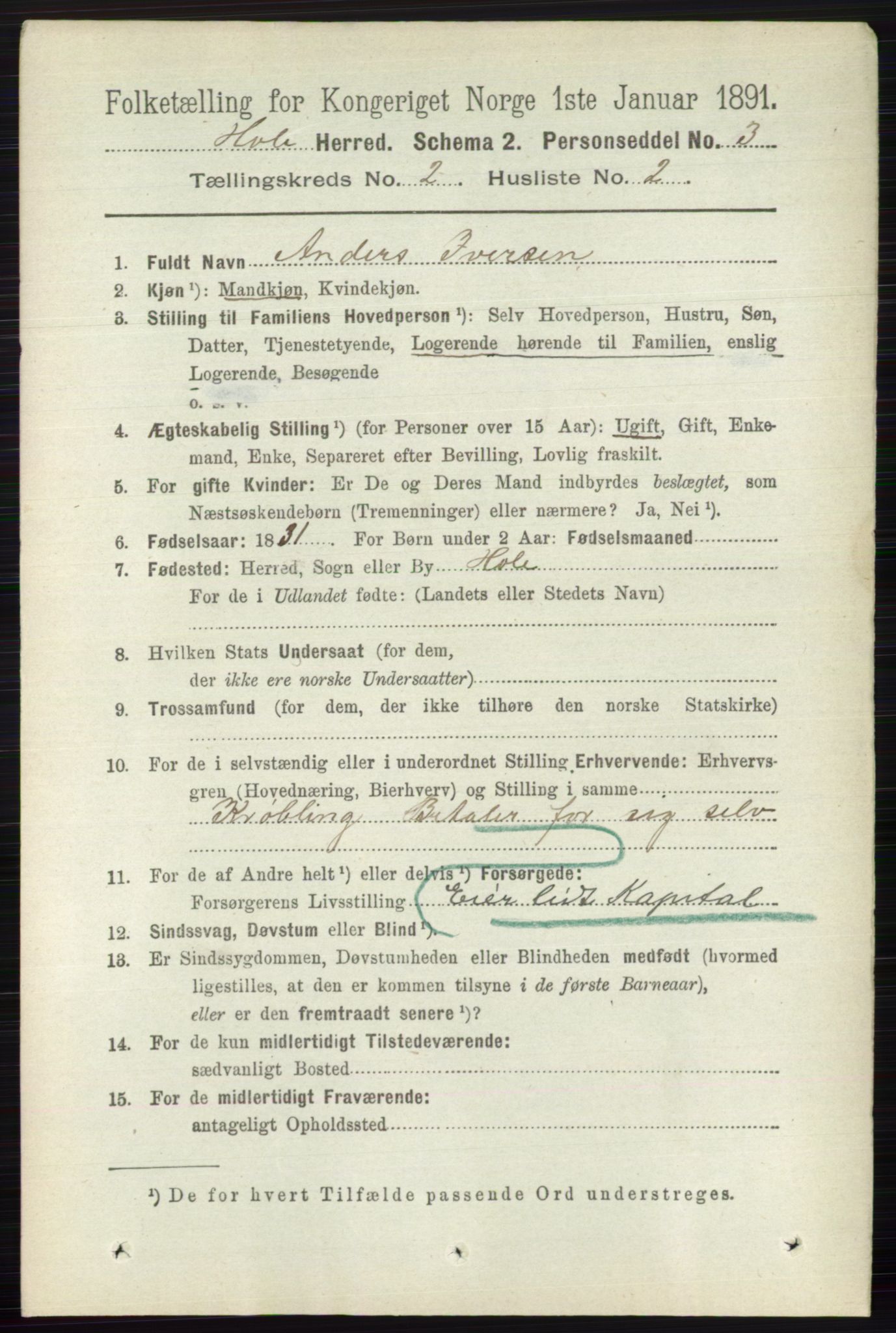 RA, 1891 census for 0612 Hole, 1891, p. 743