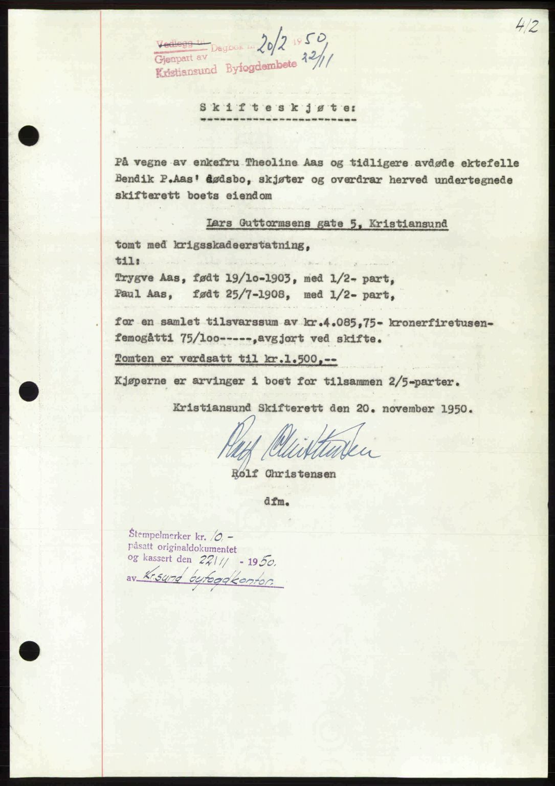 Kristiansund byfogd, AV/SAT-A-4587/A/27: Mortgage book no. 46, 1949-1950, Diary no: : 2012/1950