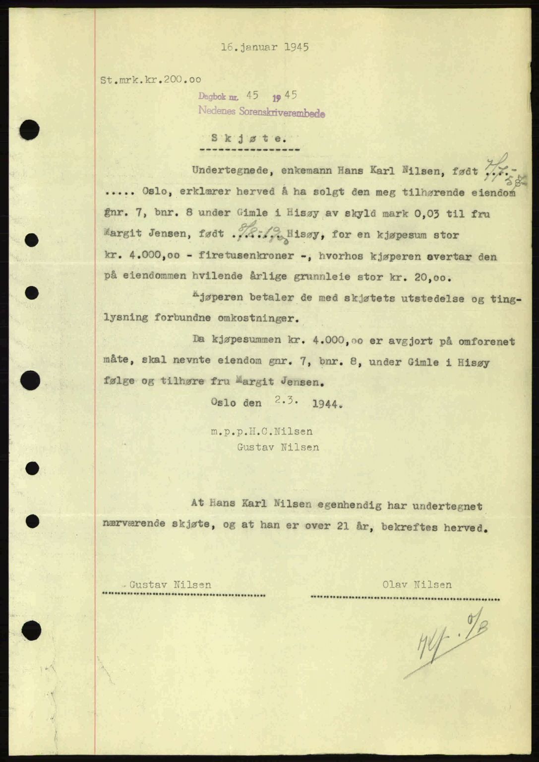 Nedenes sorenskriveri, AV/SAK-1221-0006/G/Gb/Gba/L0052: Mortgage book no. A6a, 1944-1945, Diary no: : 45/1945