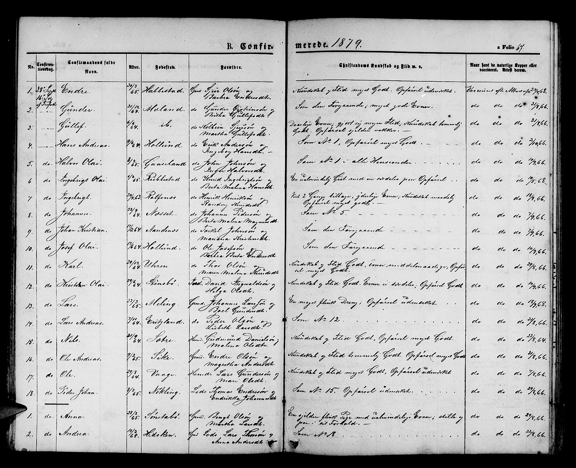 Finnås sokneprestembete, AV/SAB-A-99925/H/Ha/Hab/Habb/L0002: Parish register (copy) no. B 2, 1871-1881, p. 67