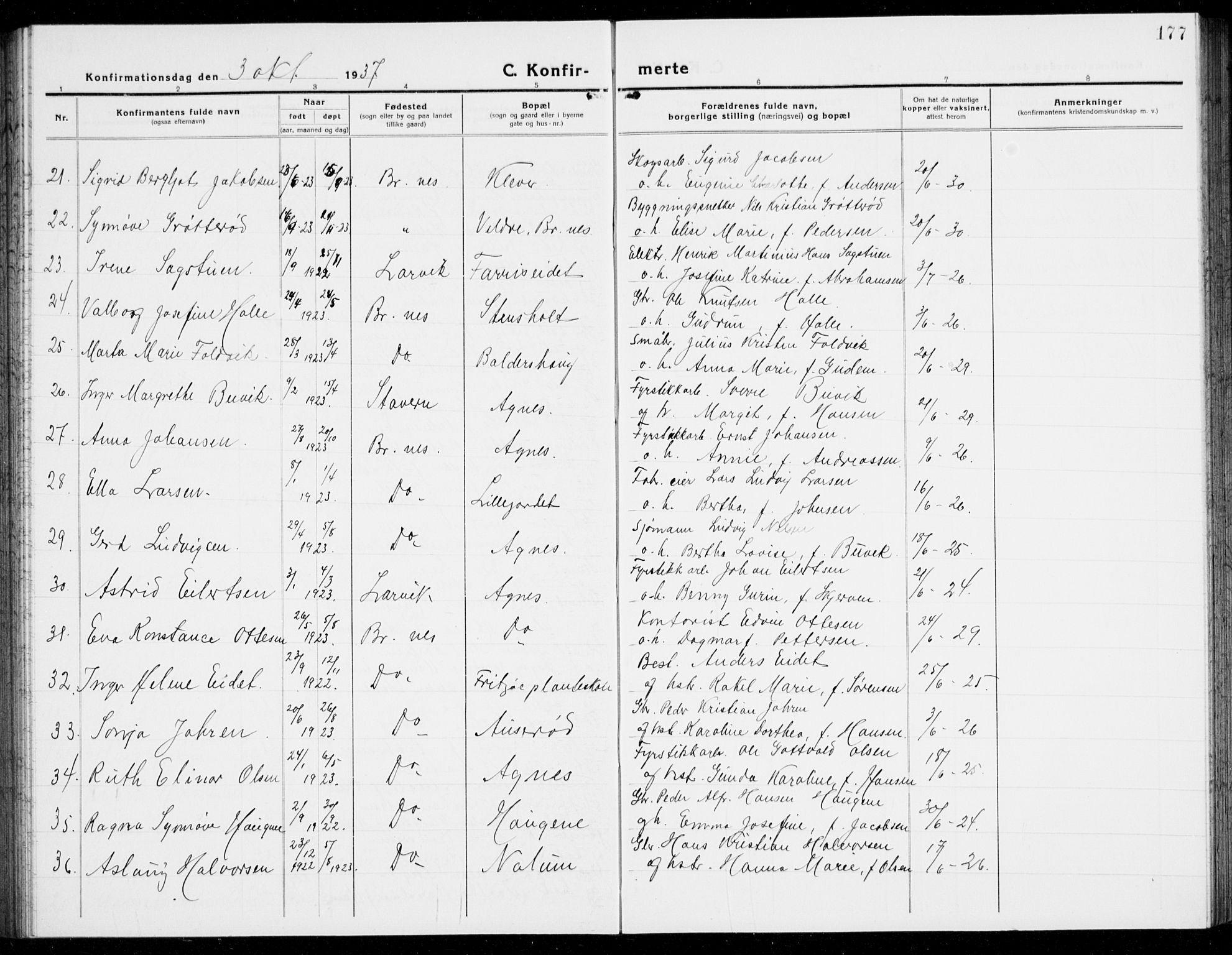 Brunlanes kirkebøker, SAKO/A-342/G/Ga/L0005: Parish register (copy) no. I 5, 1918-1941, p. 177