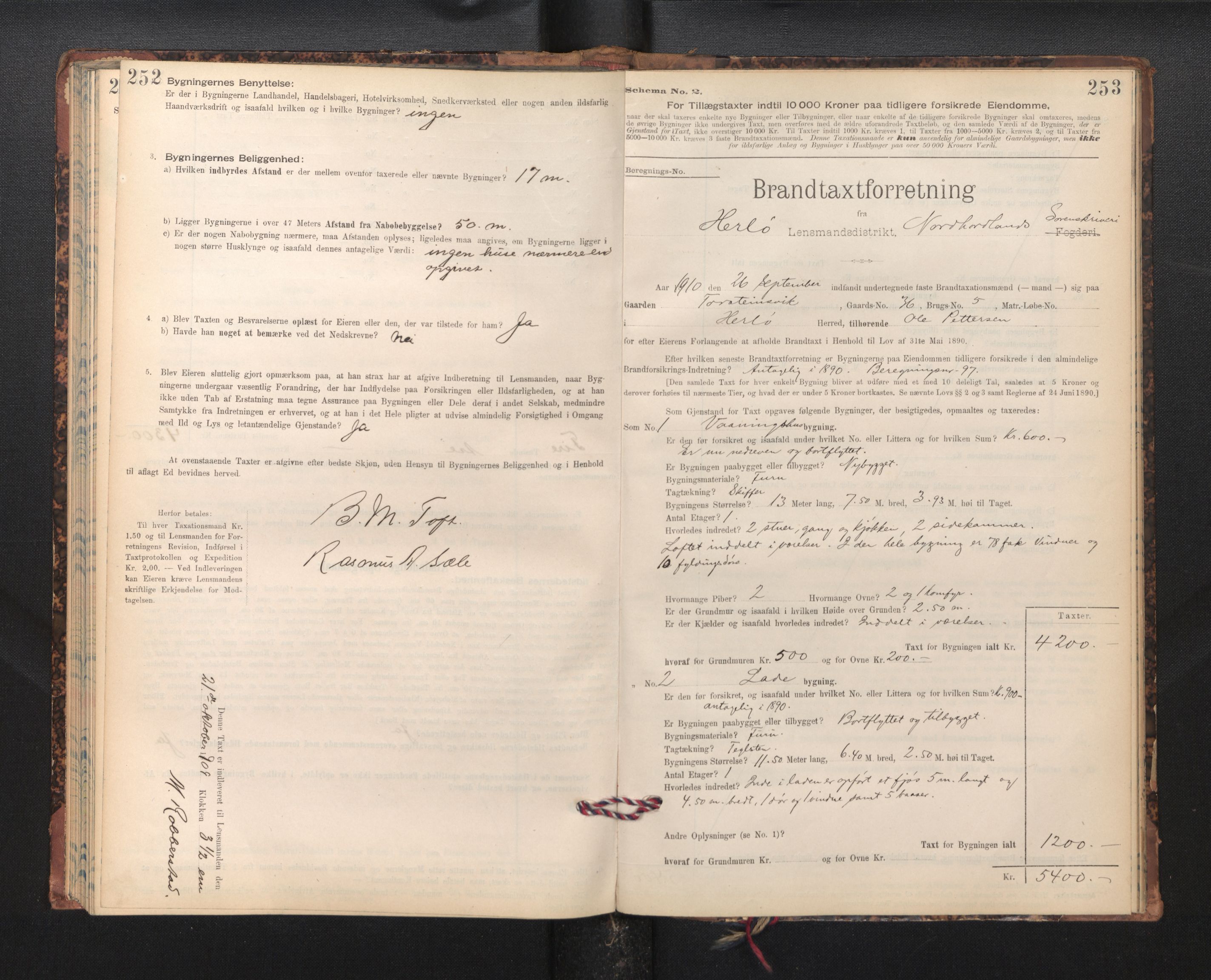 Lensmannen i Herdla, SAB/A-32901/0012/L0003:  Branntakstprotokoll skjematakst, 1897-1916, p. 252-253