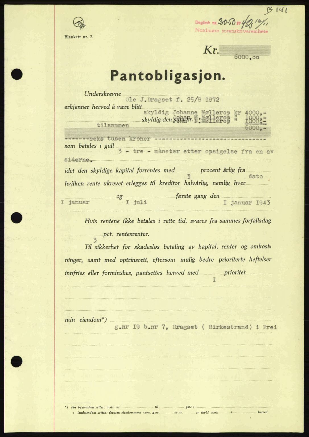 Nordmøre sorenskriveri, AV/SAT-A-4132/1/2/2Ca: Mortgage book no. B90, 1942-1943, Diary no: : 3050/1942