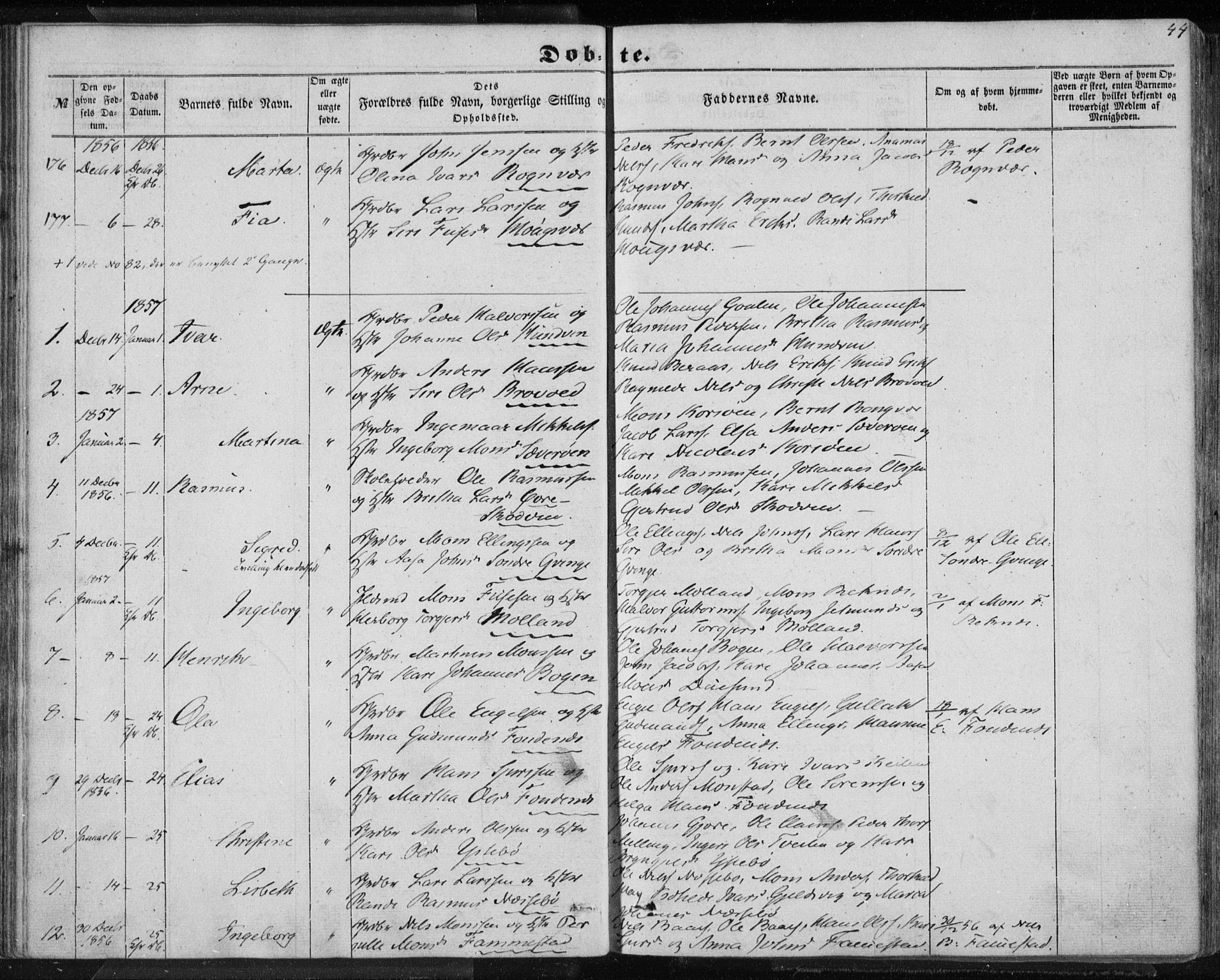 Lindås Sokneprestembete, SAB/A-76701/H/Haa: Parish register (official) no. A 11, 1854-1869, p. 44