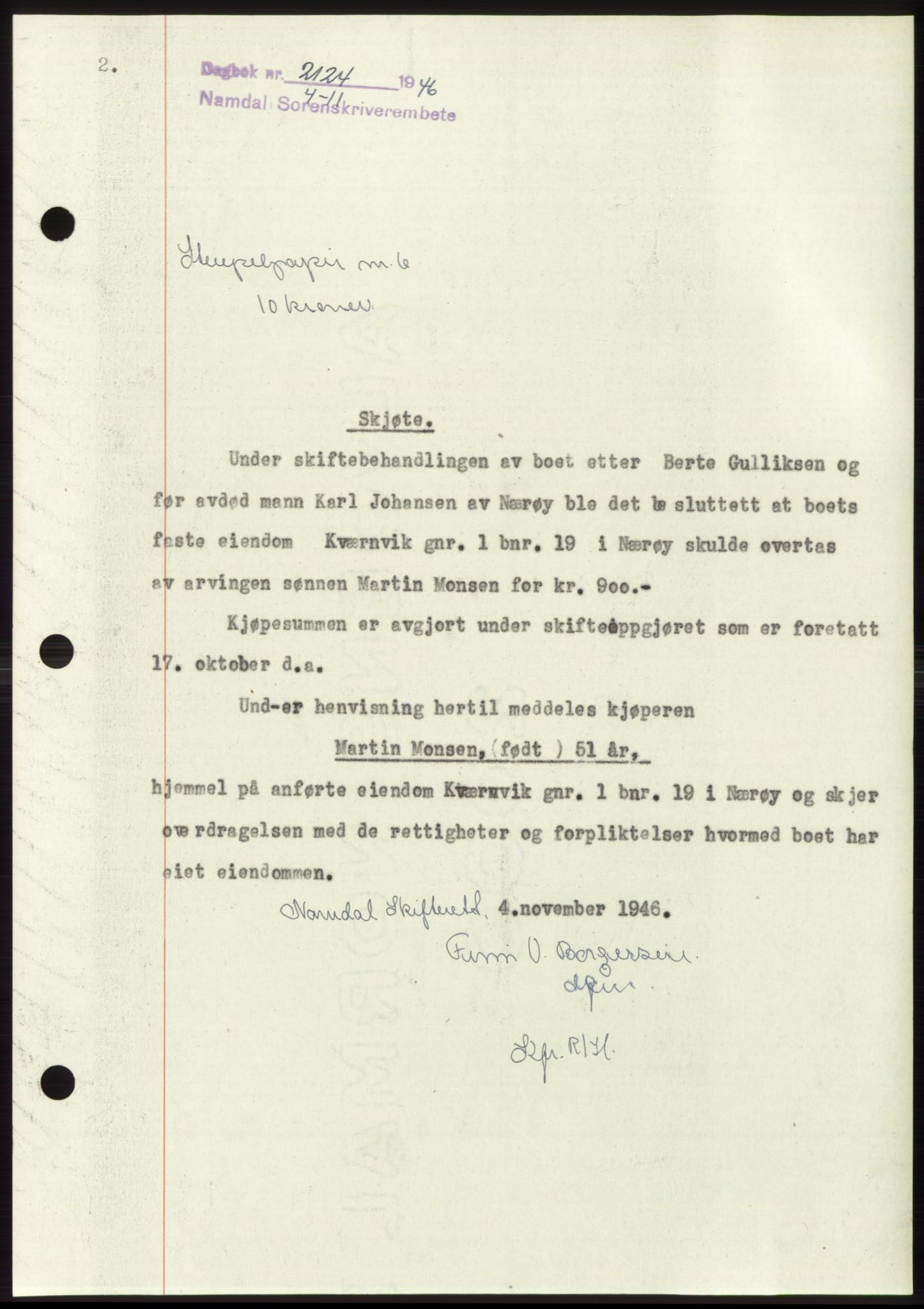 Namdal sorenskriveri, AV/SAT-A-4133/1/2/2C: Mortgage book no. -, 1946-1947, Diary no: : 2124/1946