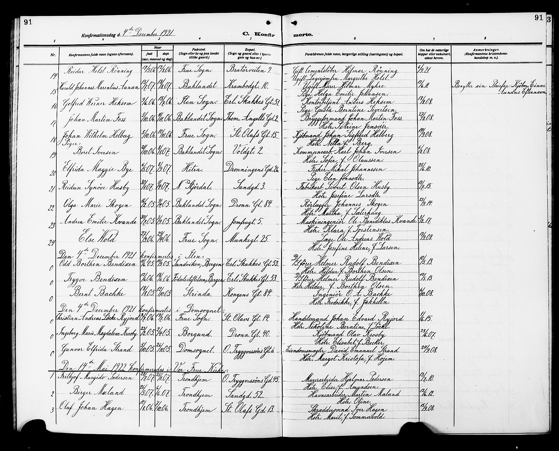 Ministerialprotokoller, klokkerbøker og fødselsregistre - Sør-Trøndelag, SAT/A-1456/602/L0147: Parish register (copy) no. 602C15, 1911-1924, p. 91