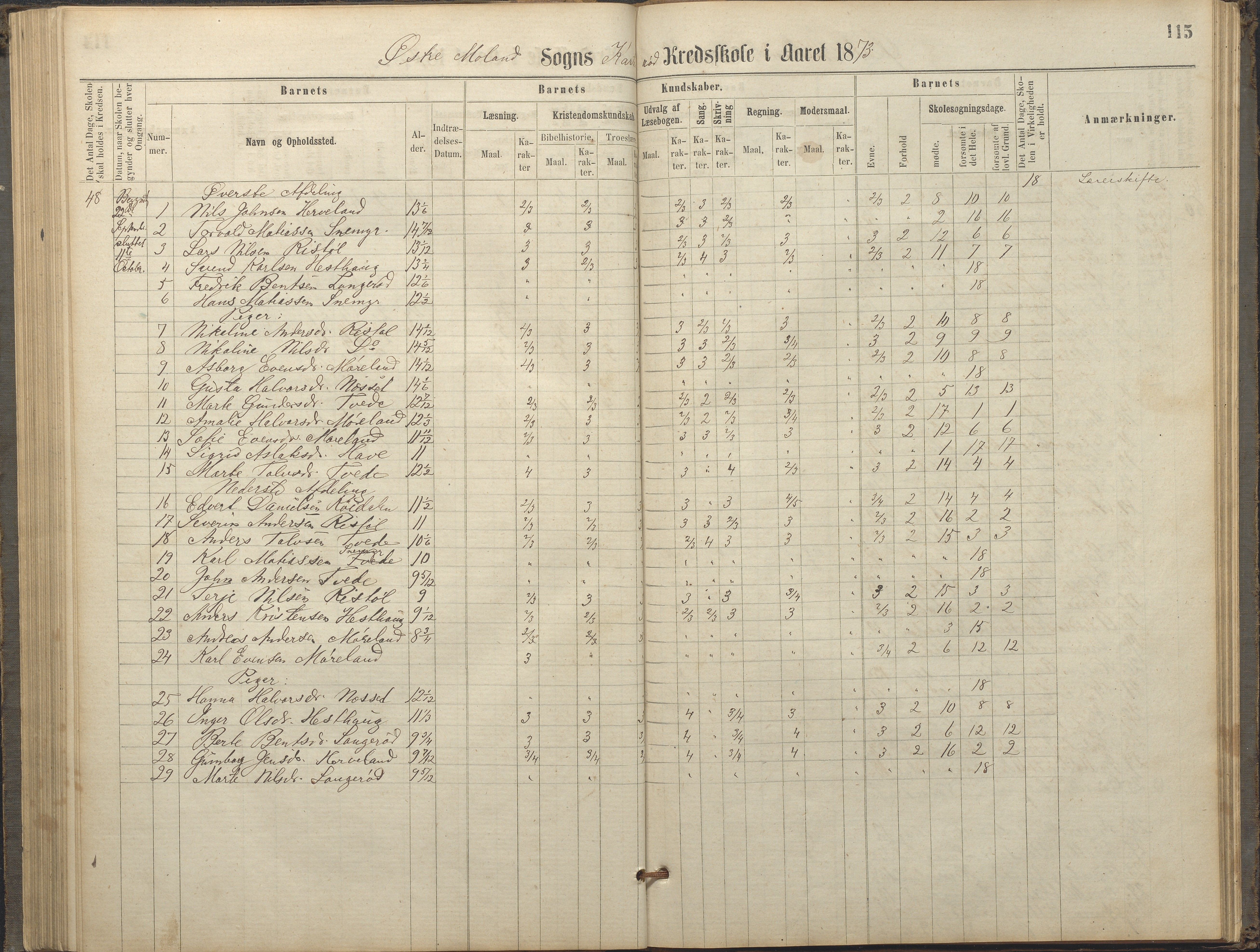 Austre Moland kommune, AAKS/KA0918-PK/09/09c/L0007: Skoleprotokoll, 1865-1881, p. 115