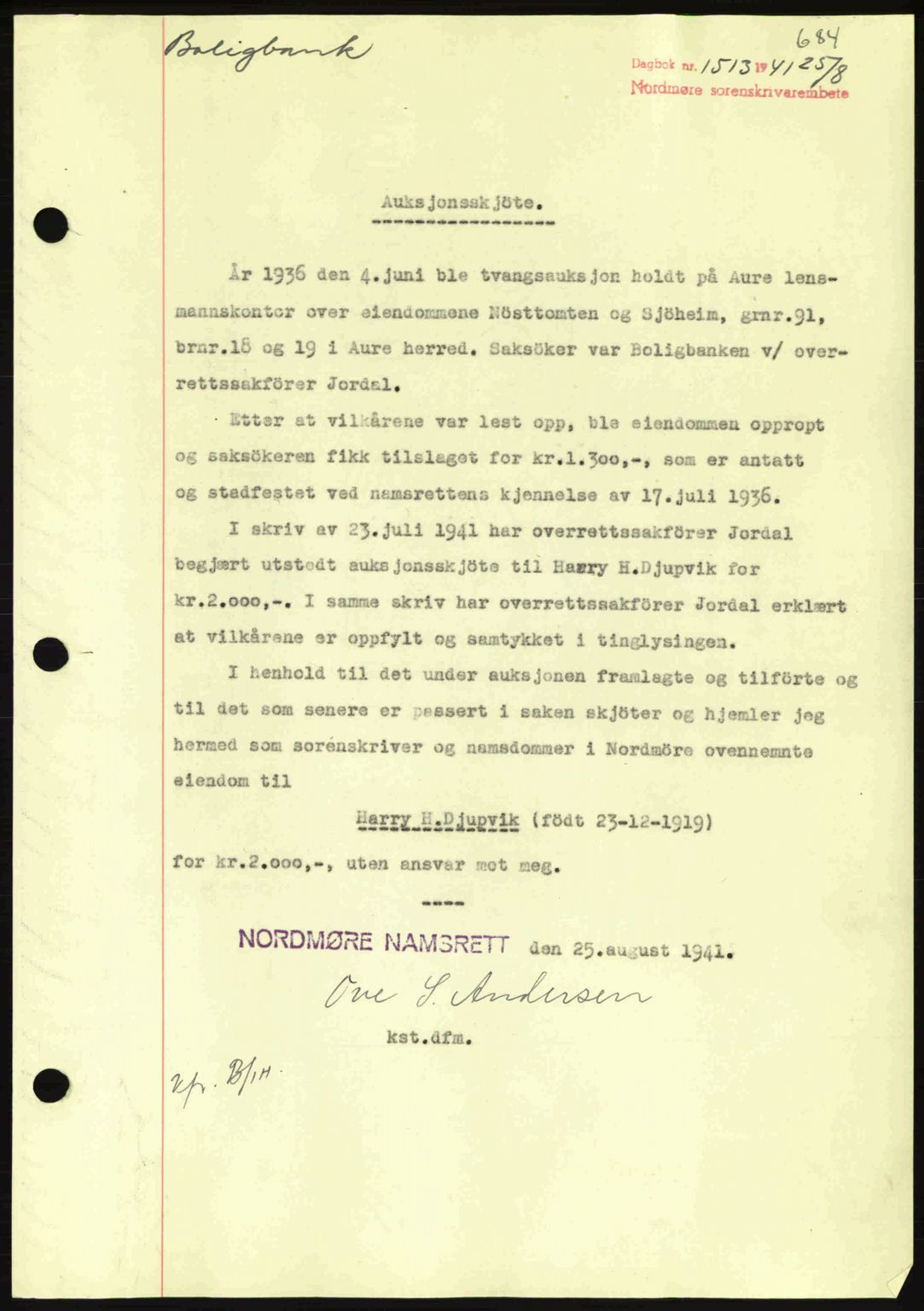 Nordmøre sorenskriveri, SAT/A-4132/1/2/2Ca: Mortgage book no. A90, 1941-1941, Diary no: : 1513/1941
