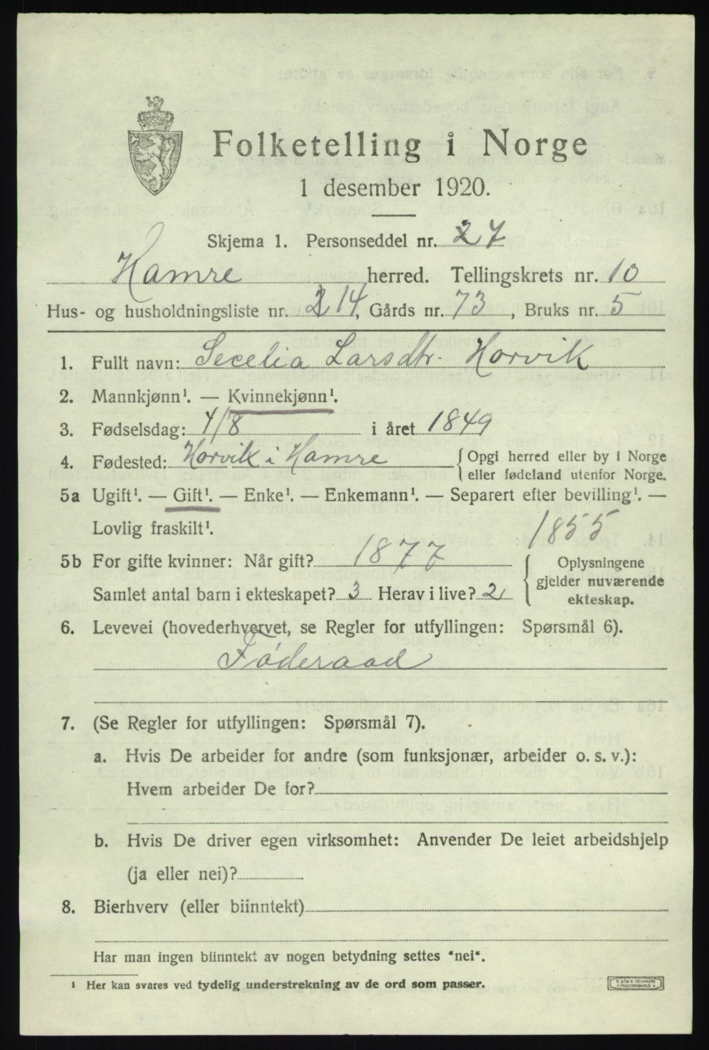 SAB, 1920 census for Hamre, 1920, p. 6067