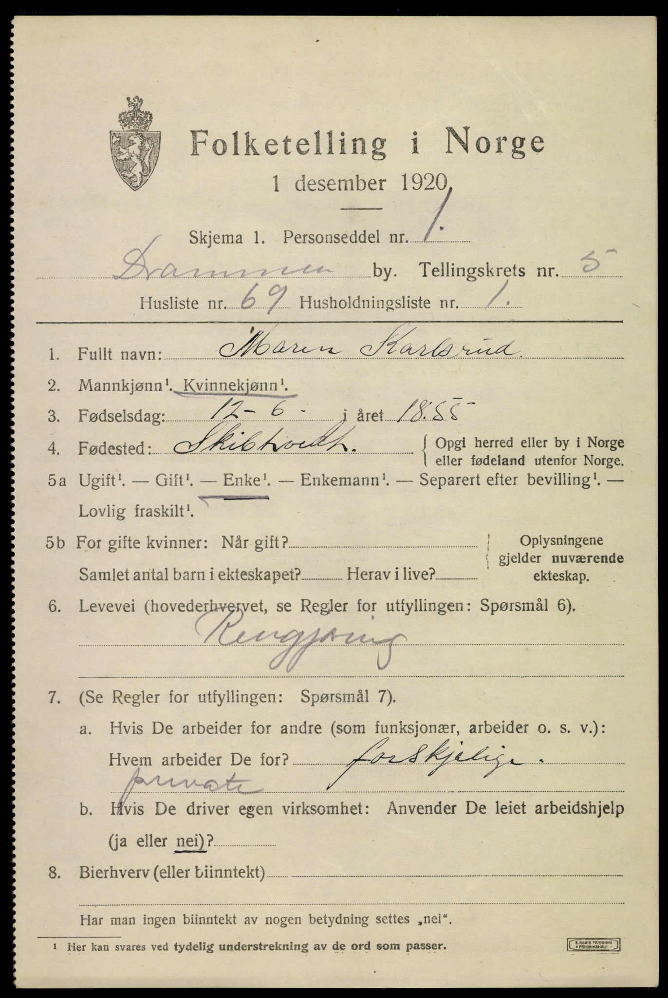 SAKO, 1920 census for Drammen, 1920, p. 37629