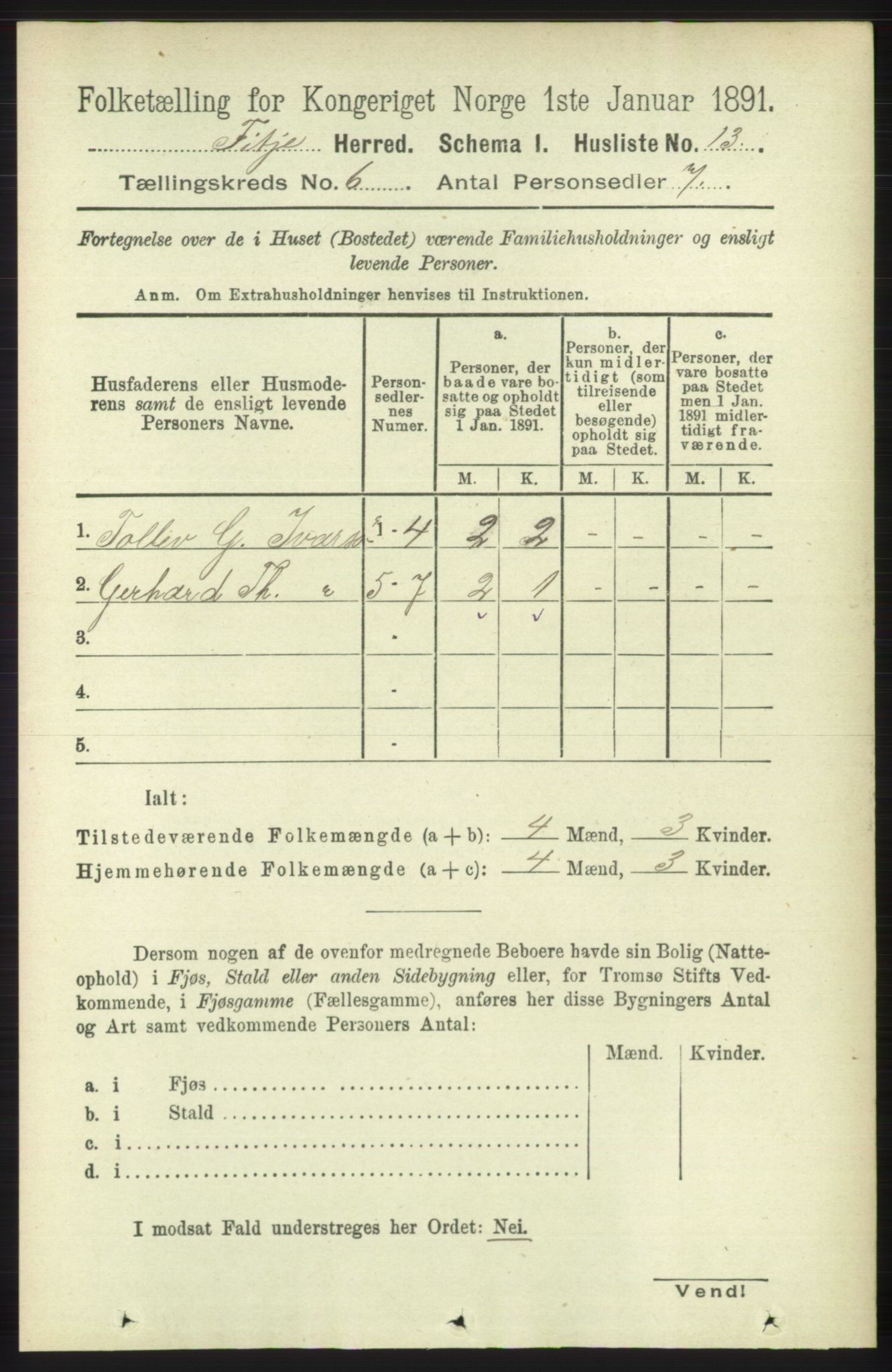 RA, 1891 census for 1222 Fitjar, 1891, p. 2330
