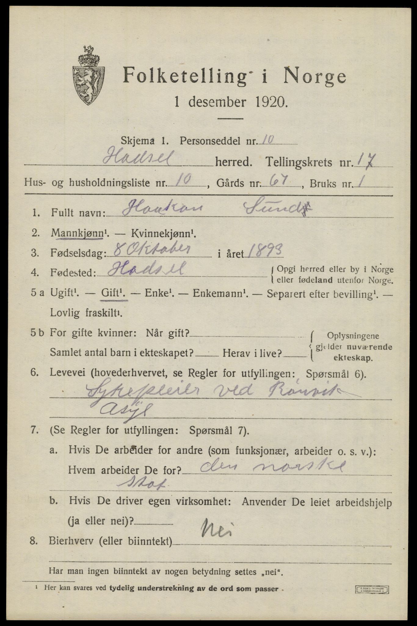 SAT, 1920 census for Hadsel, 1920, p. 15832