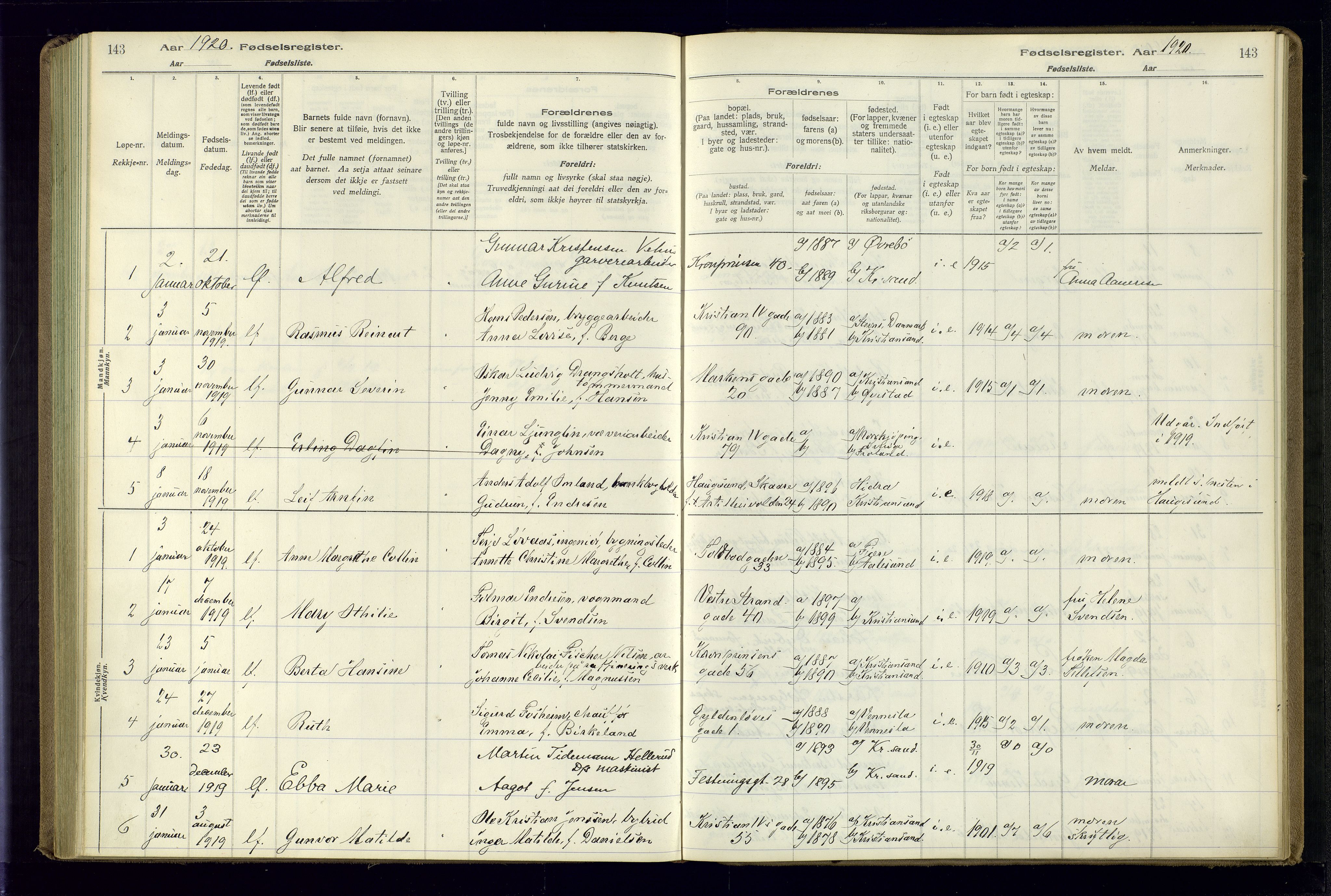 Kristiansand domprosti, SAK/1112-0006/J/Jc/L0001: Birth register no. A-VI-45, 1916-1921, p. 143