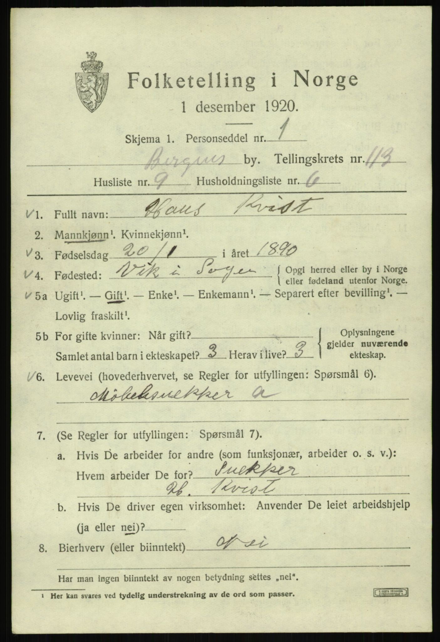 SAB, 1920 census for Bergen, 1920, p. 193068