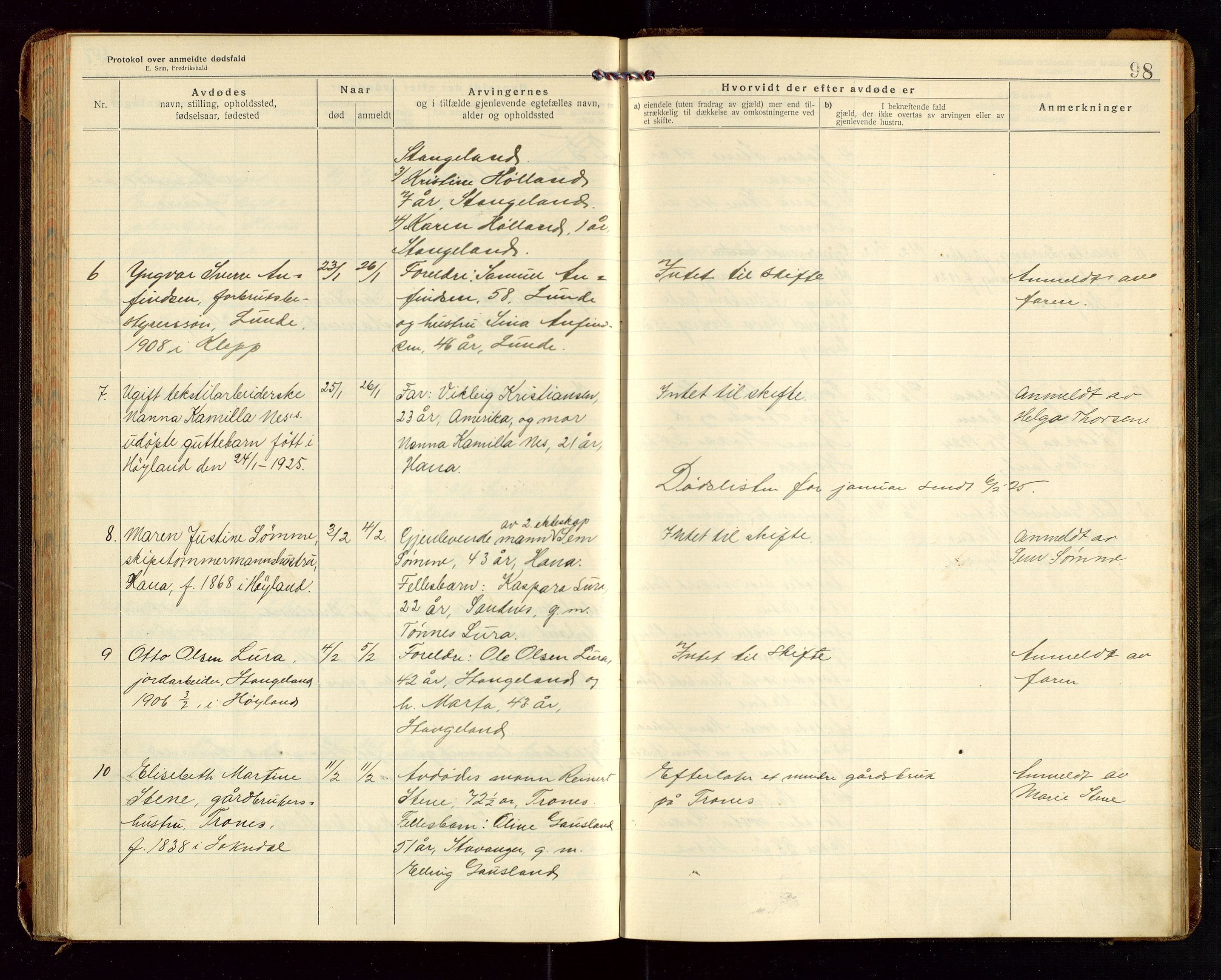 Høyland/Sandnes lensmannskontor, AV/SAST-A-100166/Gga/L0005: "Protokoll over anmeldte dødsfall i Høylands lensmannsdistrikt", 1920-1926, p. 98