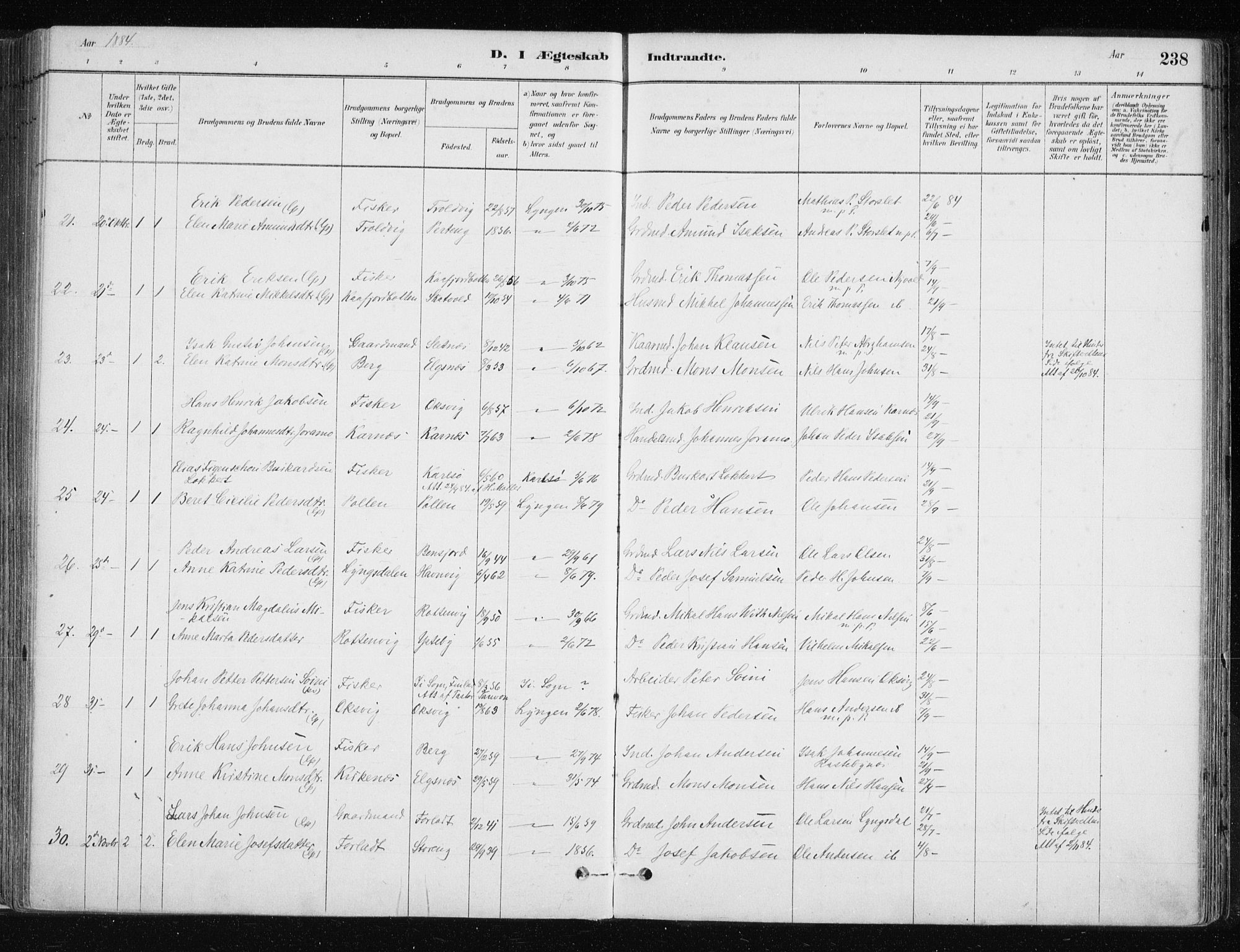 Lyngen sokneprestembete, AV/SATØ-S-1289/H/He/Hea/L0007kirke: Parish register (official) no. 7, 1879-1890, p. 238