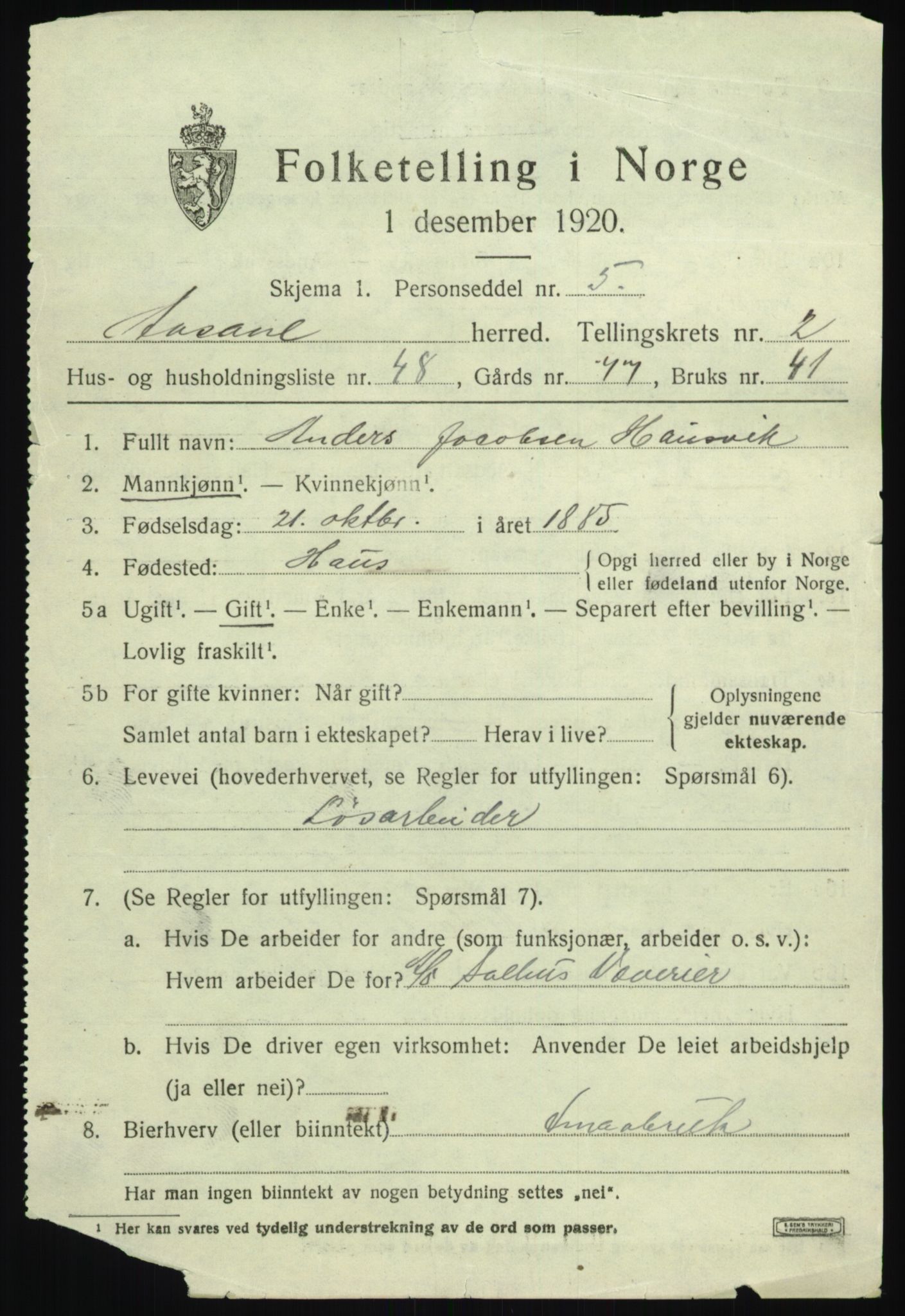 SAB, 1920 census for Åsane, 1920, p. 1999