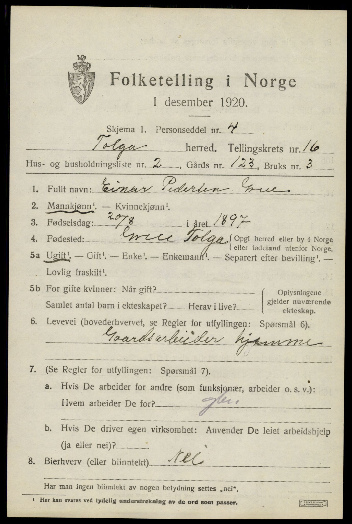 SAH, 1920 census for Tolga, 1920, p. 7391