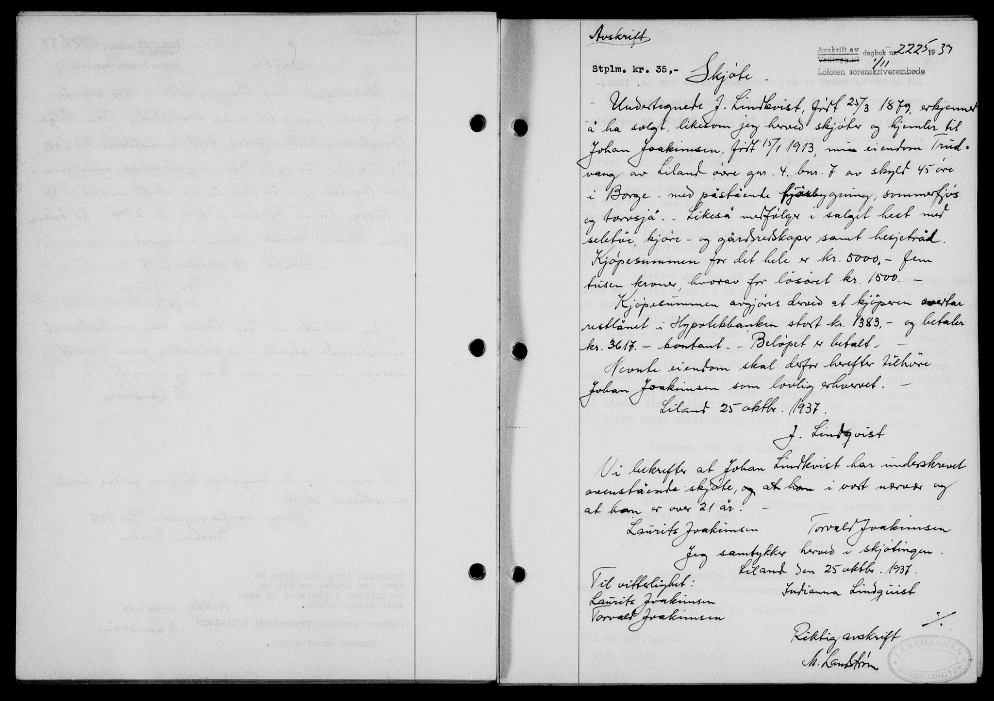Lofoten sorenskriveri, SAT/A-0017/1/2/2C/L0003a: Mortgage book no. 3a, 1937-1938, Diary no: : 2225/1937